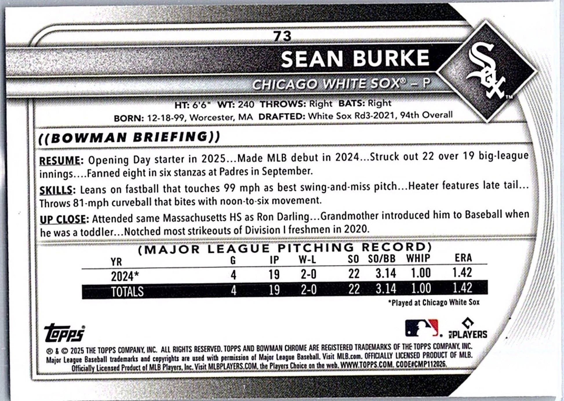 2025 Bowman Chrome SEAN BURKE #73 RC White Sox