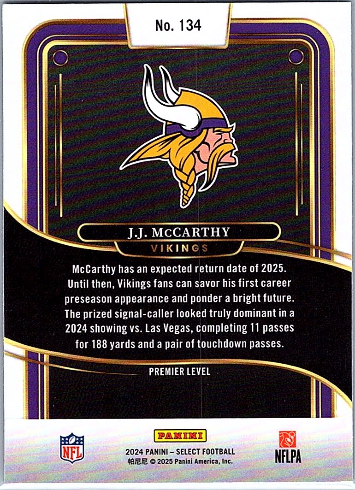 2024 Panini Select J.J. MCCARTHY #134 Premier RC Vikings