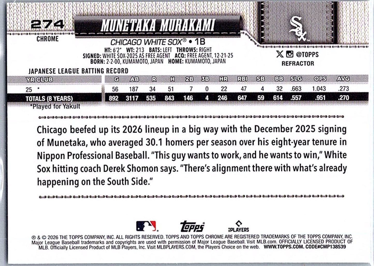 2026 Topps Chrome Baseball MUNETAKA MURAKAMI #274 Refractor RC Chicago White Sox
