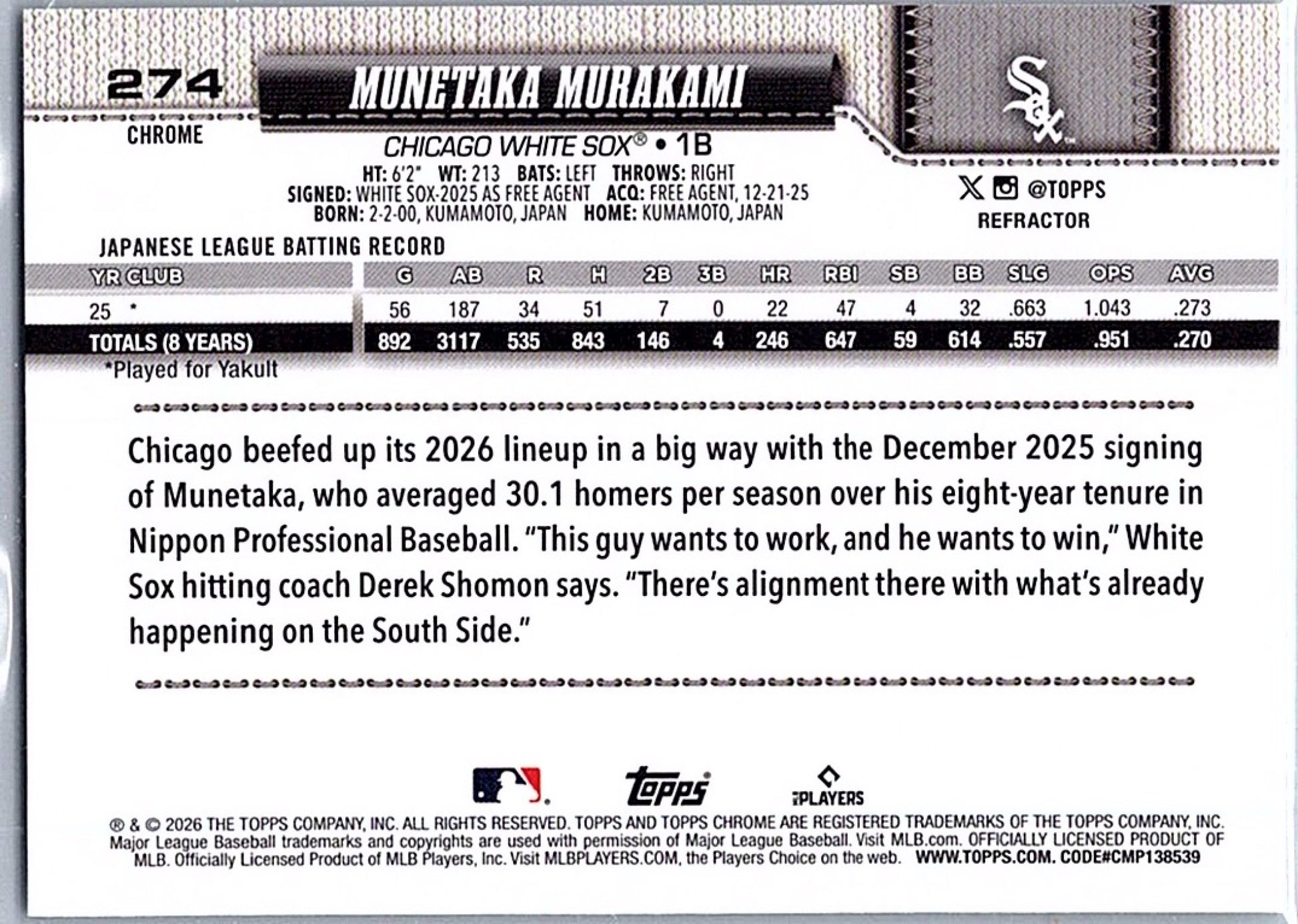 2026 Topps Chrome Baseball MUNETAKA MURAKAMI #274 Refractor RC Chicago White Sox