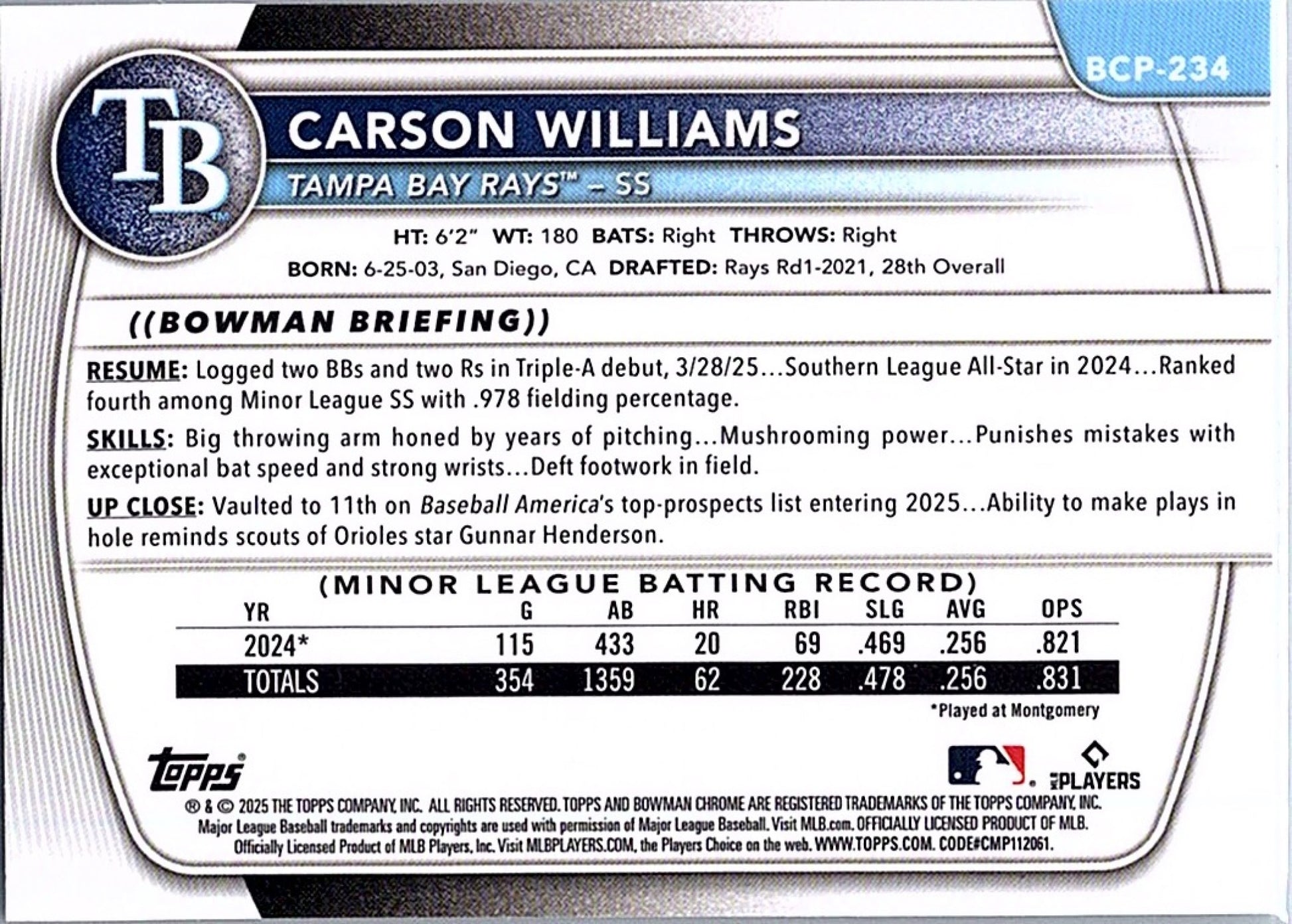2025 Bowman Chrome CARSON WILLIAMS #BCP-234 Rays 1st Prospect Baseball RC