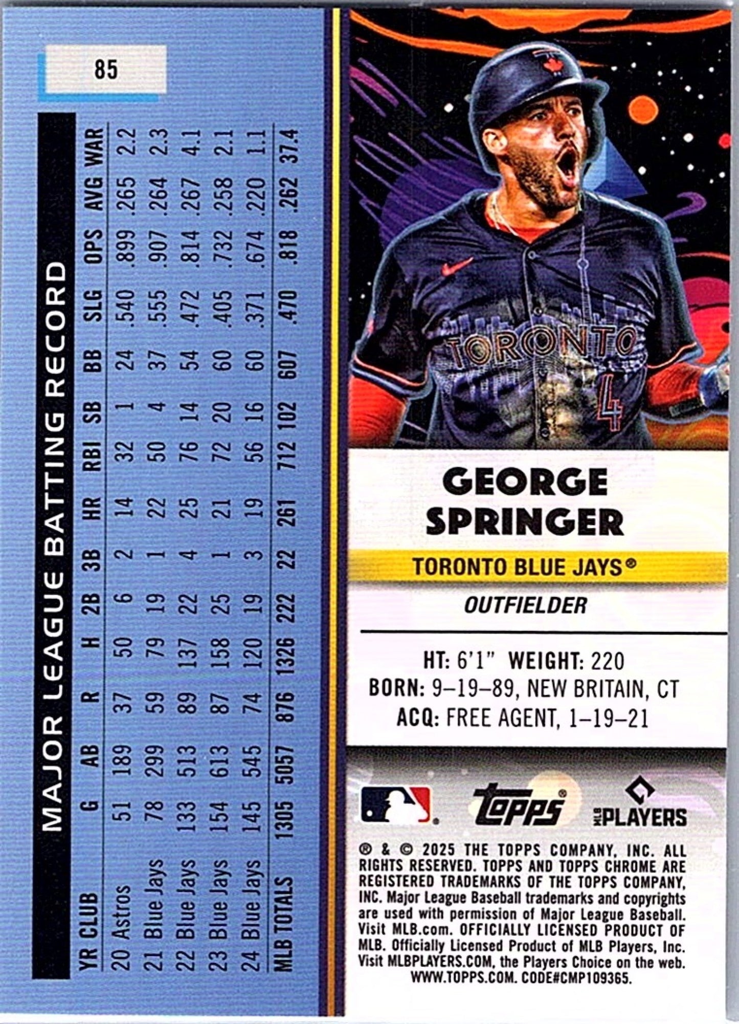 2025 Topps Cosmic Chrome GEORGE SPRINGER #85 Nucleus Refractor Blue Jays