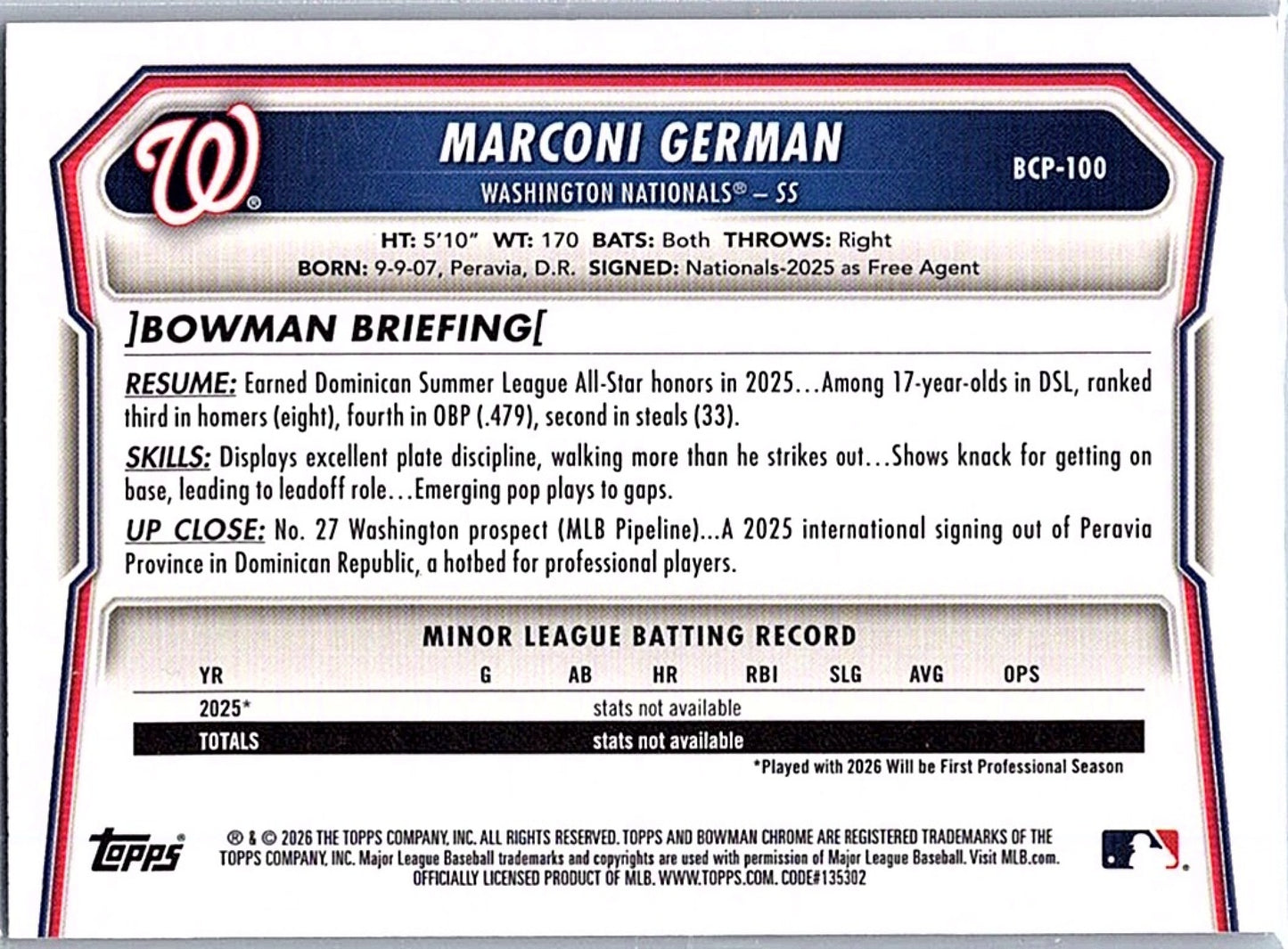 2026 Bowman MARCONI GERMAN #BCP-100 1st Prospect Nationals