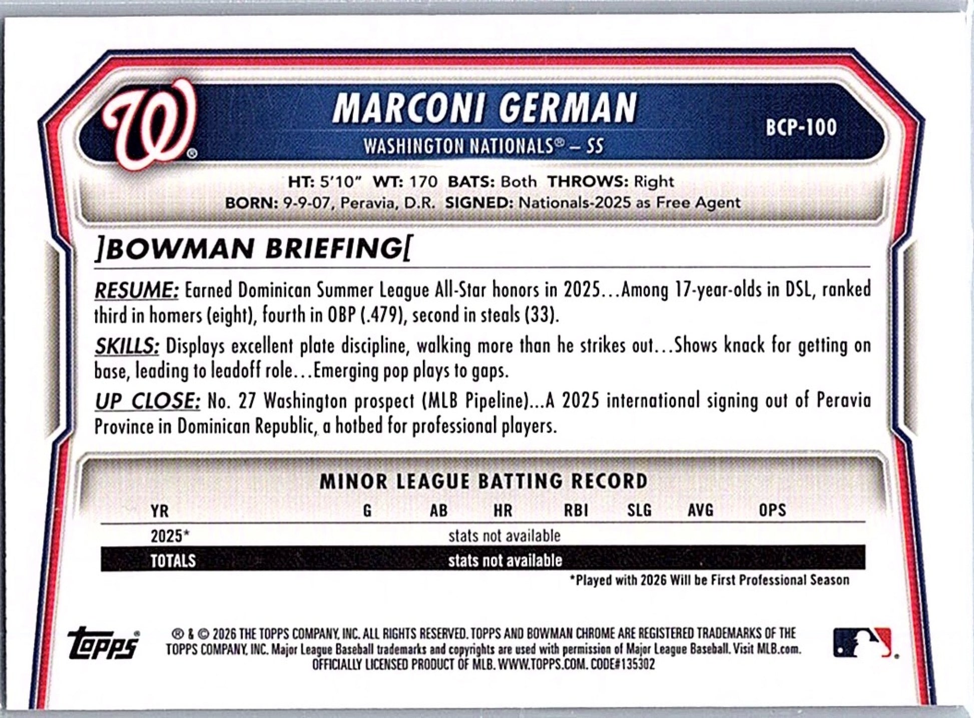 2026 Bowman MARCONI GERMAN #BCP-100 1st Prospect Nationals