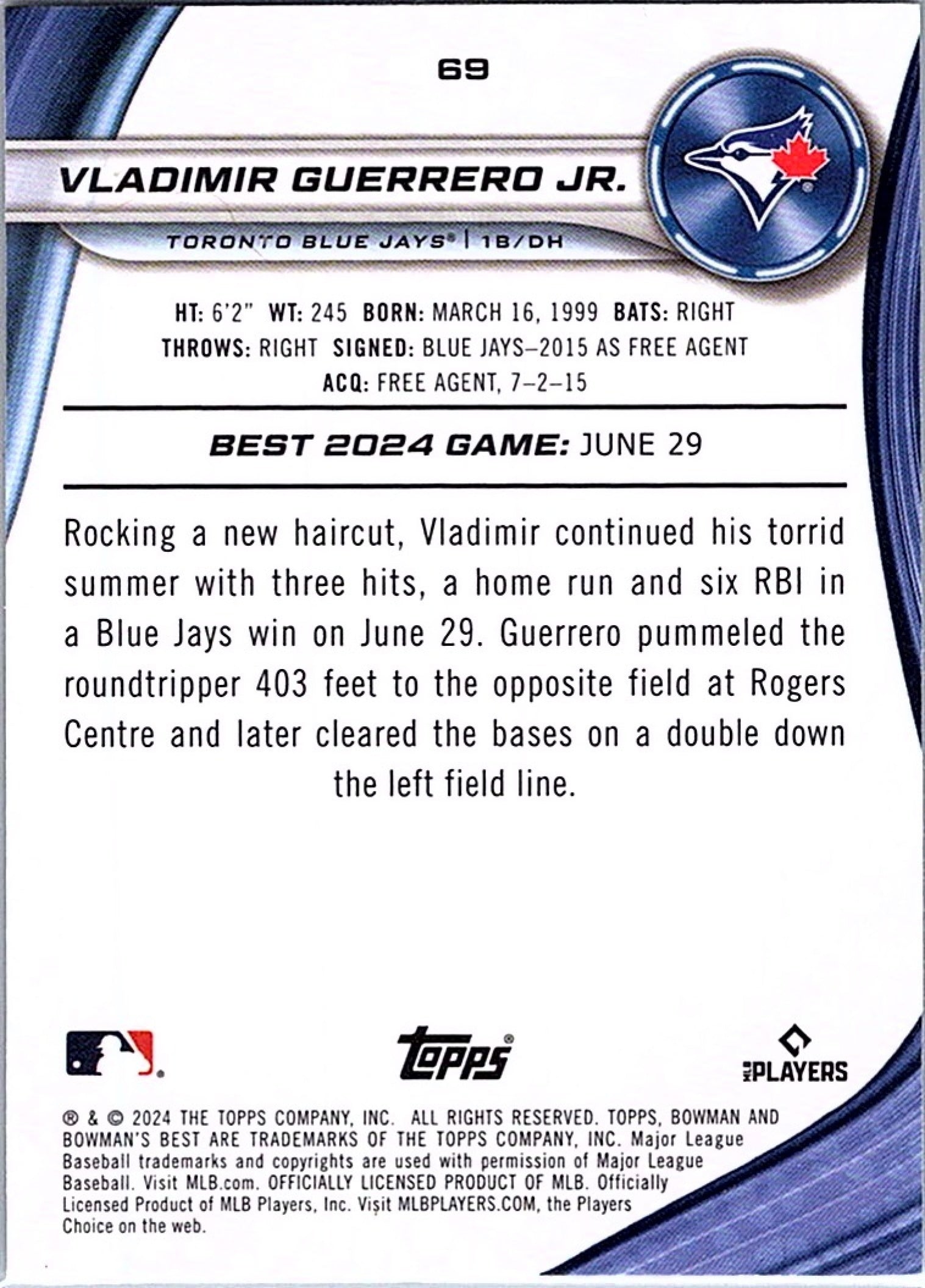 2024 Bowman's Best VLADIMIR GUERRERO JR. #69 Refractor Blue Jays Baseball