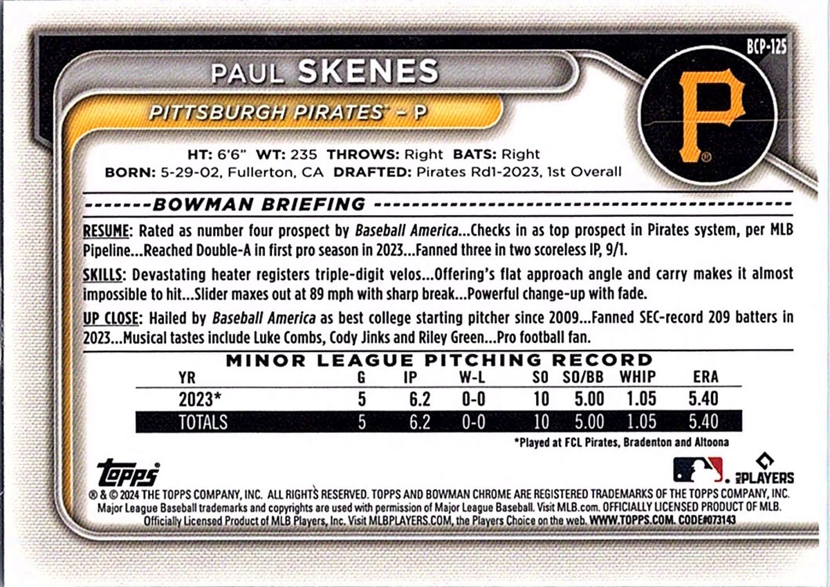 2024 Bowman PAUL SKENES #BCP-125 Pirates