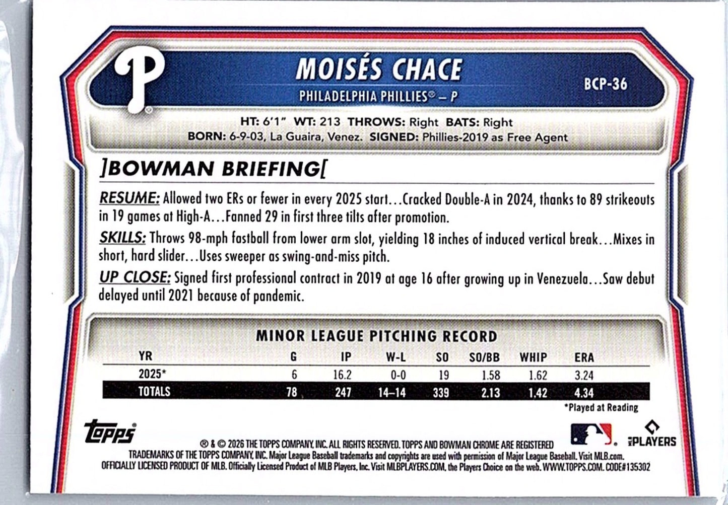 2026 Bowman MOISES CHACE #BCP-36 1st Prospect Phillies Baseball RC Card