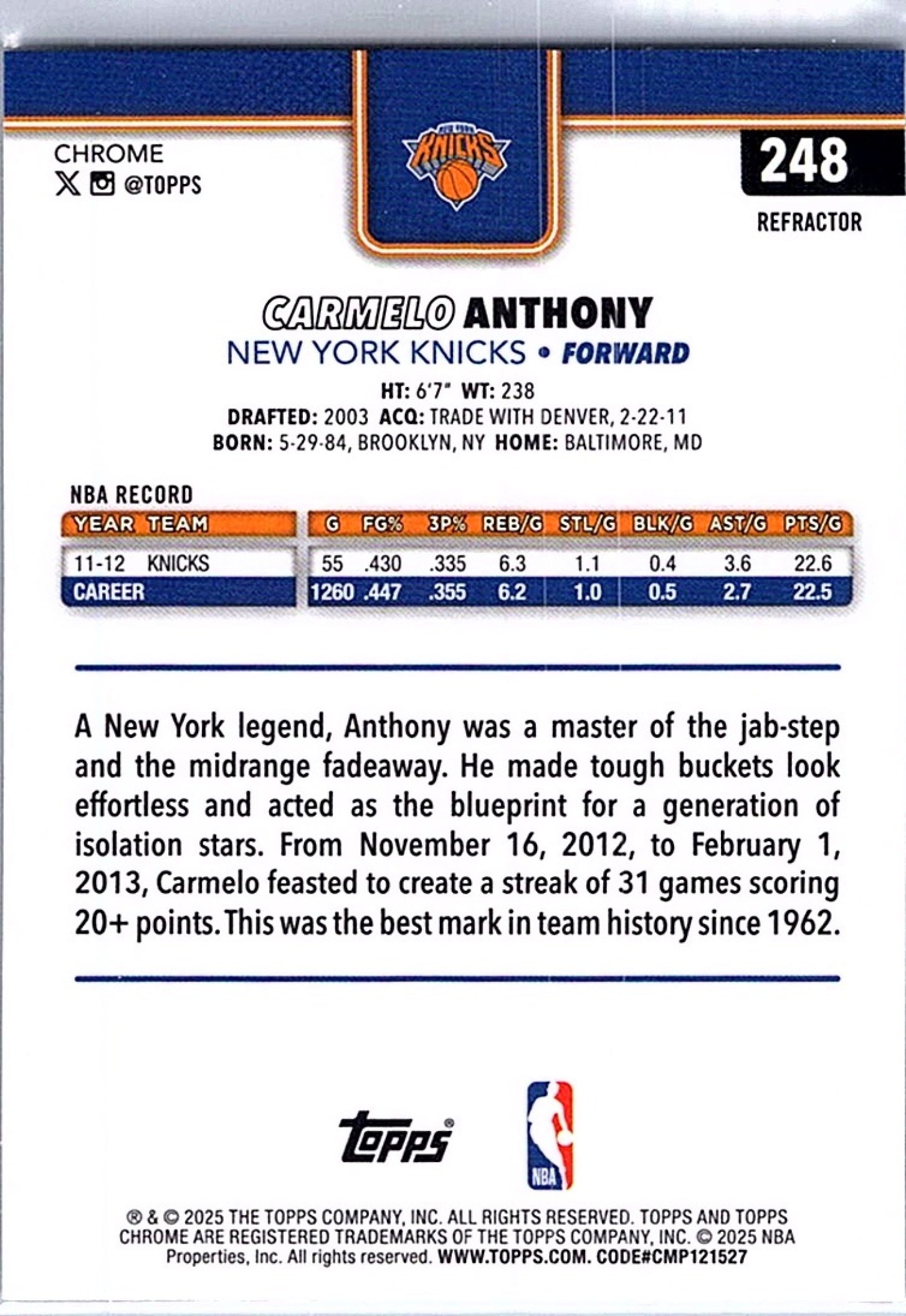 2025-26 Topps Chrome CARMELO ANTHONY #248 Refractor Knicks