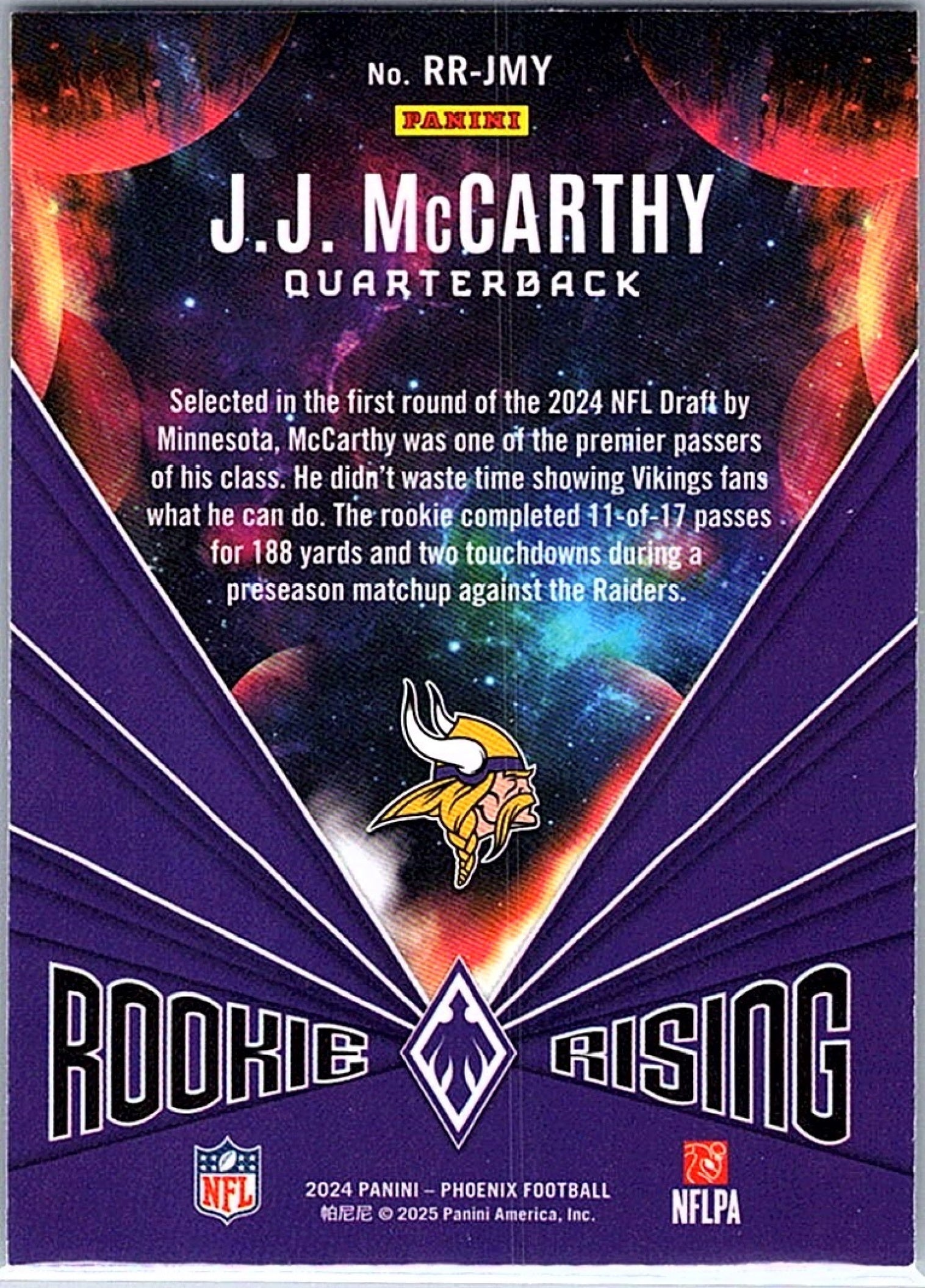 2024 Panini Phoenix J.J. MCCARTHY #RR-JMY Rookie Rising RC Vikings