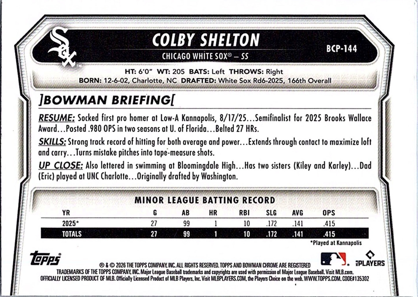 2026 Bowman COLBY SHELTON #BCP-144 1st Prospect White Sox