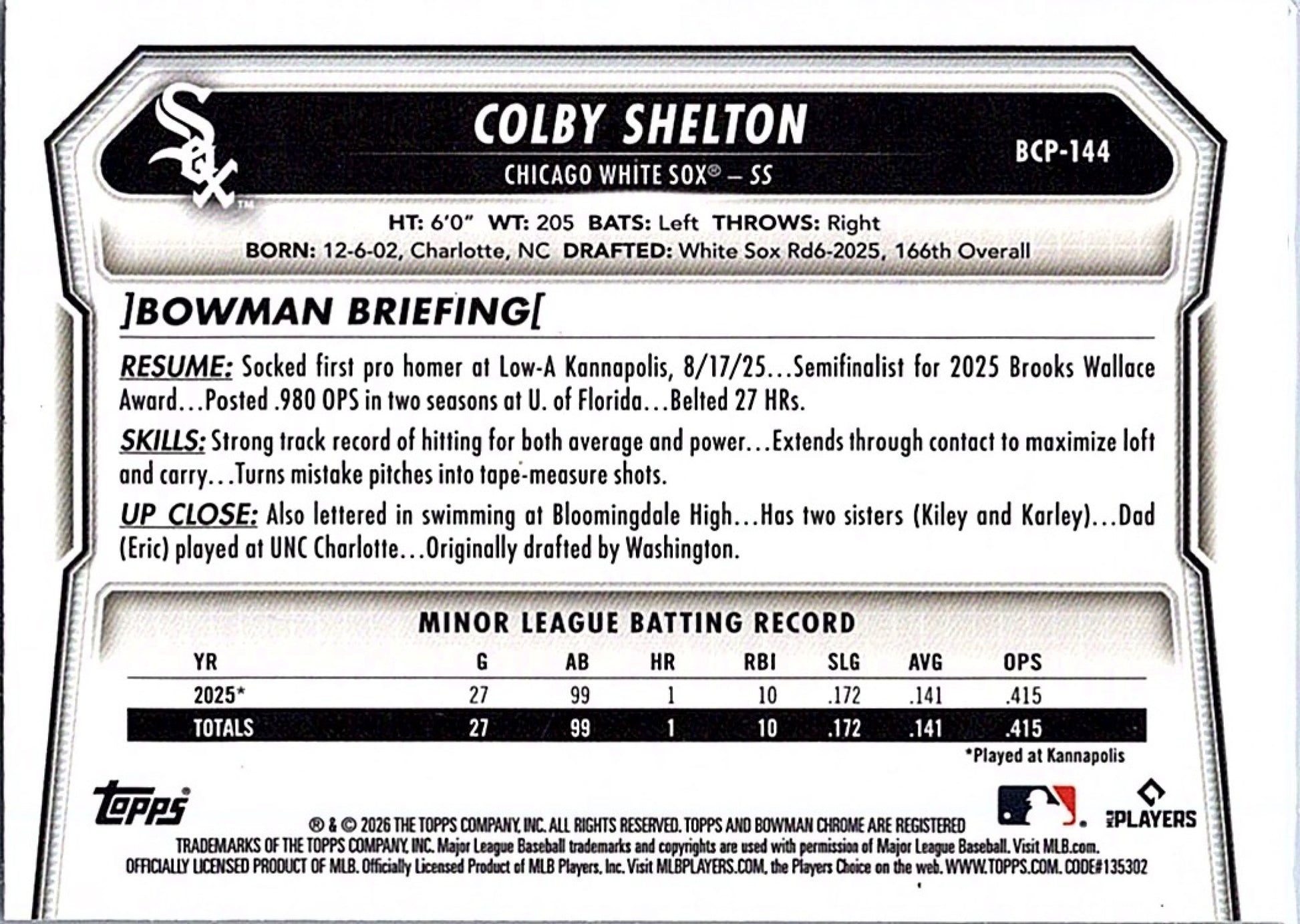 2026 Bowman COLBY SHELTON #BCP-144 1st Prospect White Sox