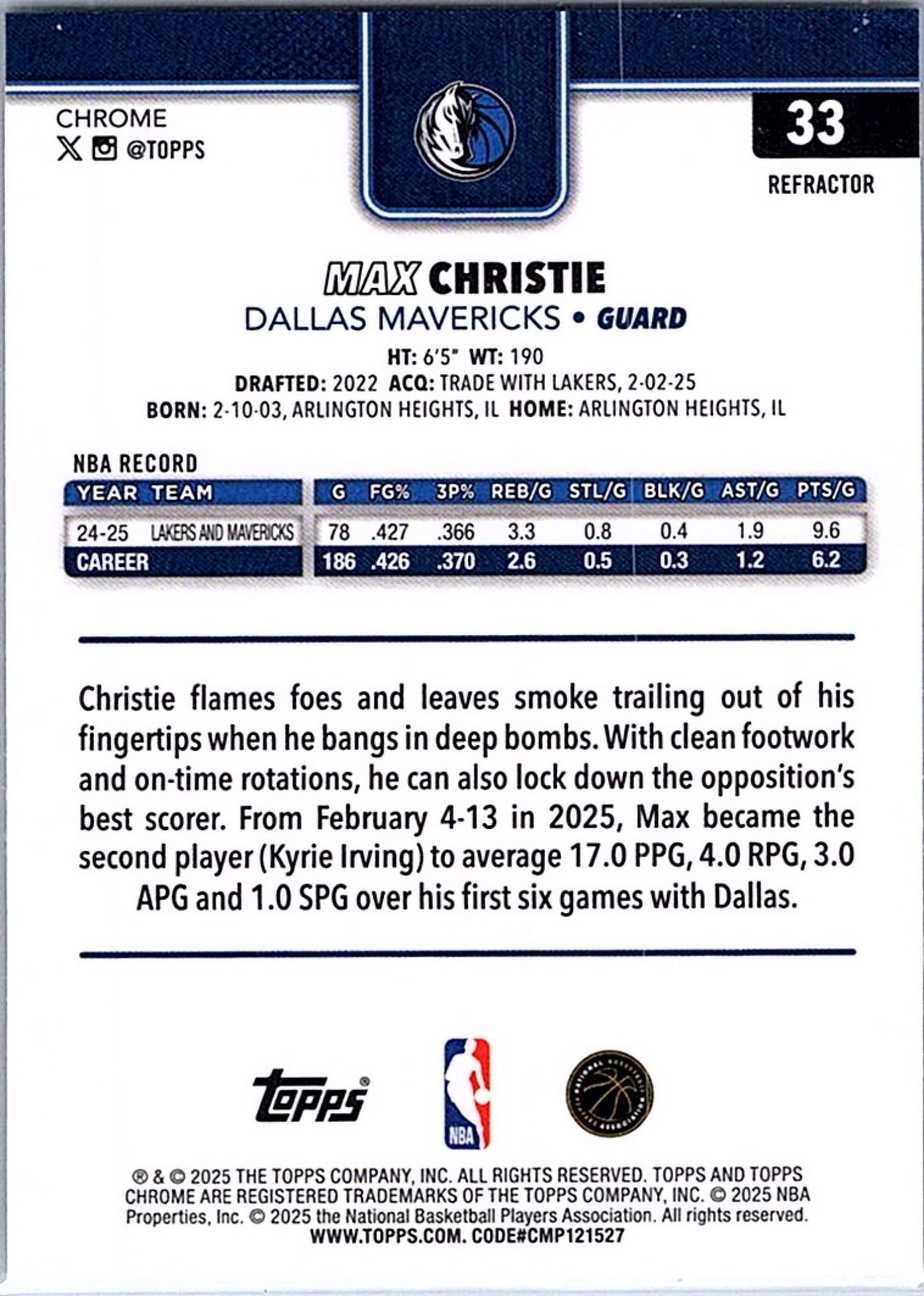 2025-26 Topps Chrome MAX CHRISTIE #33 Refractor Mavericks