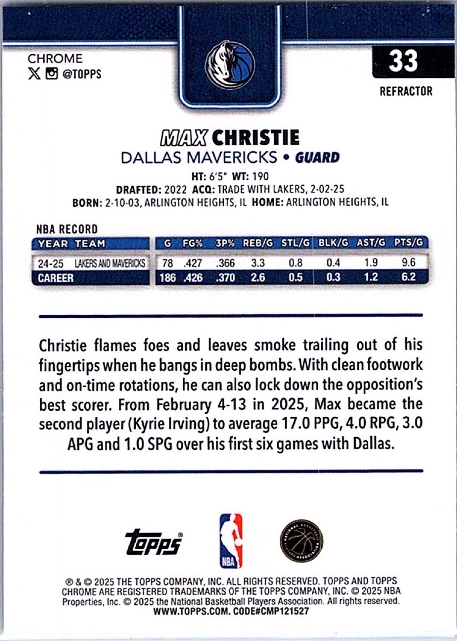 2025-26 Topps Chrome MAX CHRISTIE #33 Refractor Mavericks