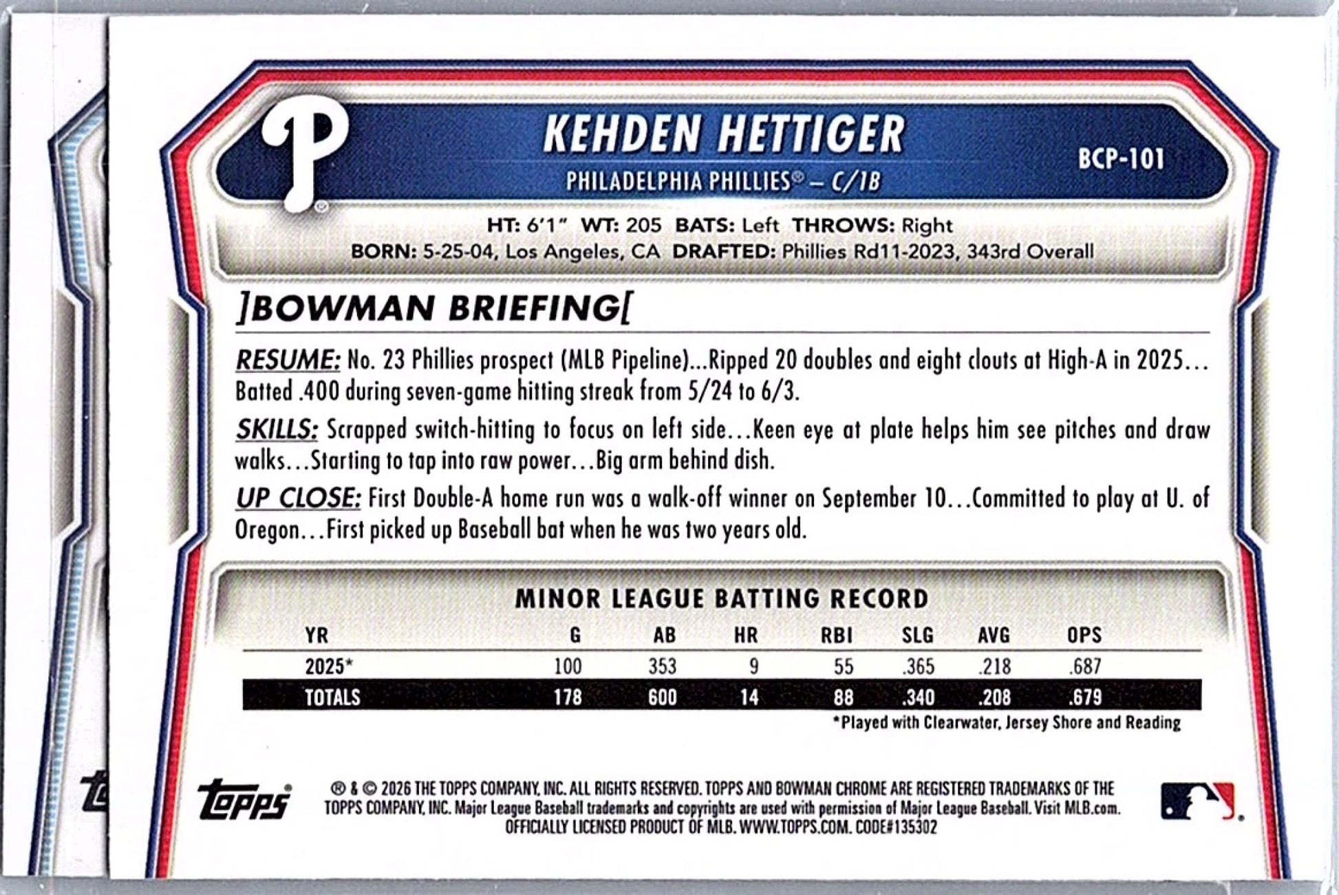 2026 Bowman KEHDEN HETTIGER #BCP-101 1st Prospect Phillies Baseball RC Card