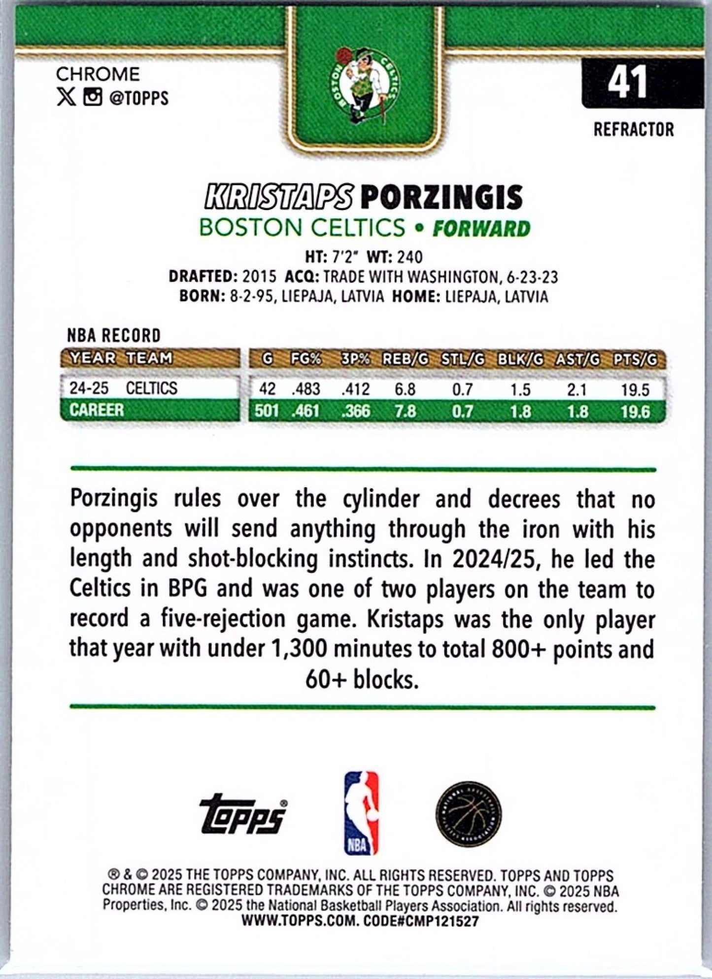 2025-26 Topps Chrome KRISTAPS PORZINGIS #41 Refractor Celtics