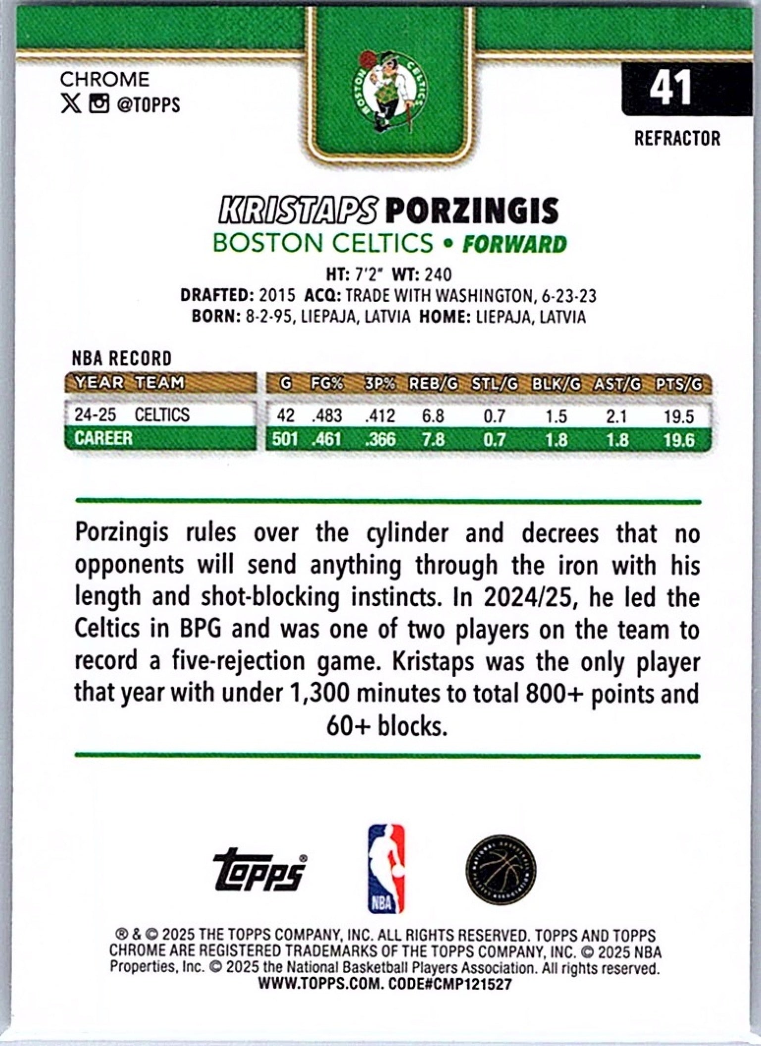 2025-26 Topps Chrome KRISTAPS PORZINGIS #41 Refractor Celtics