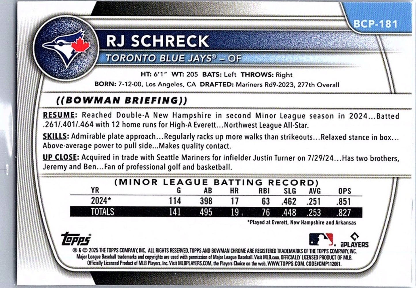 2025 Bowman Chrome RJ SCHRECK #BCP-181 1st Prospect Blue Jays Baseball RC