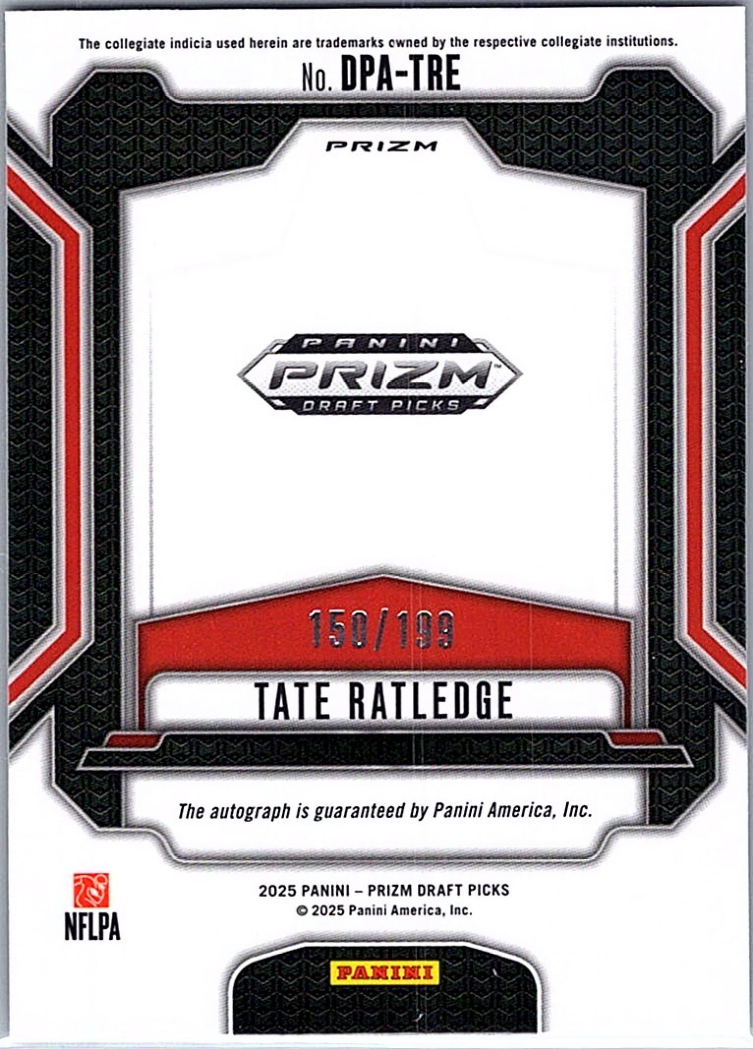 2025 Panini Prizm Draft Picks Tate Ratledge #DPA-TRE Purple Ice /199 Auto