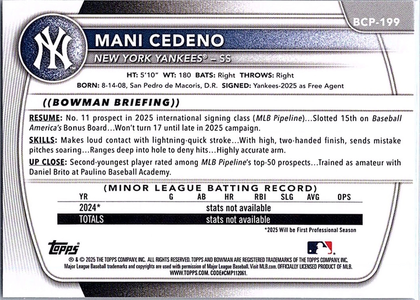 2025 Bowman Chrome MANI CEDENO #BCP-199 1st Prospect Yankees