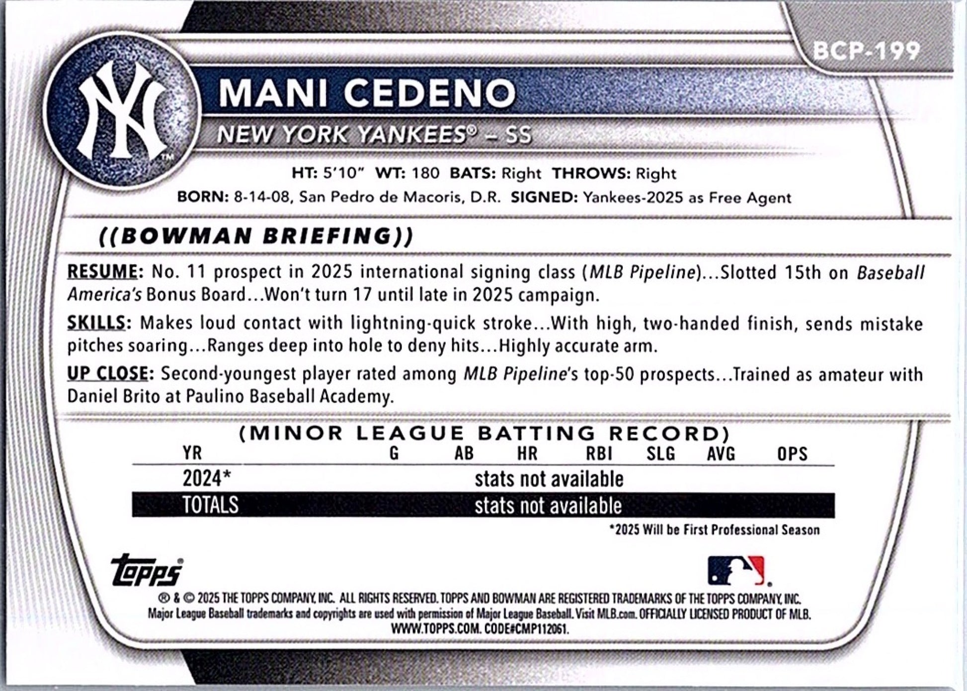 2025 Bowman Chrome MANI CEDENO #BCP-199 1st Prospect Yankees