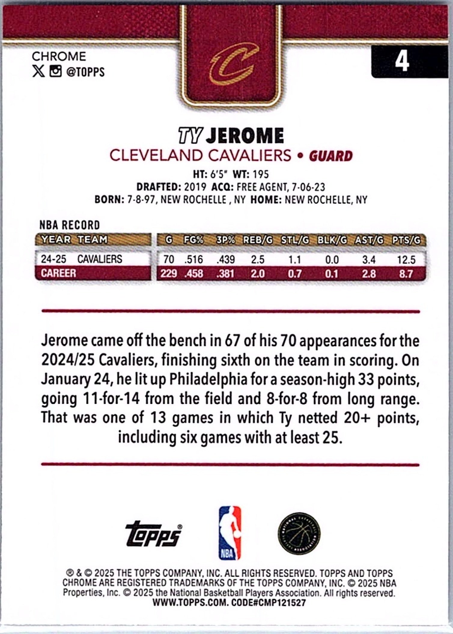 2025-26 Topps Chrome TY JEROME #4 Prism Refractor Cavaliers