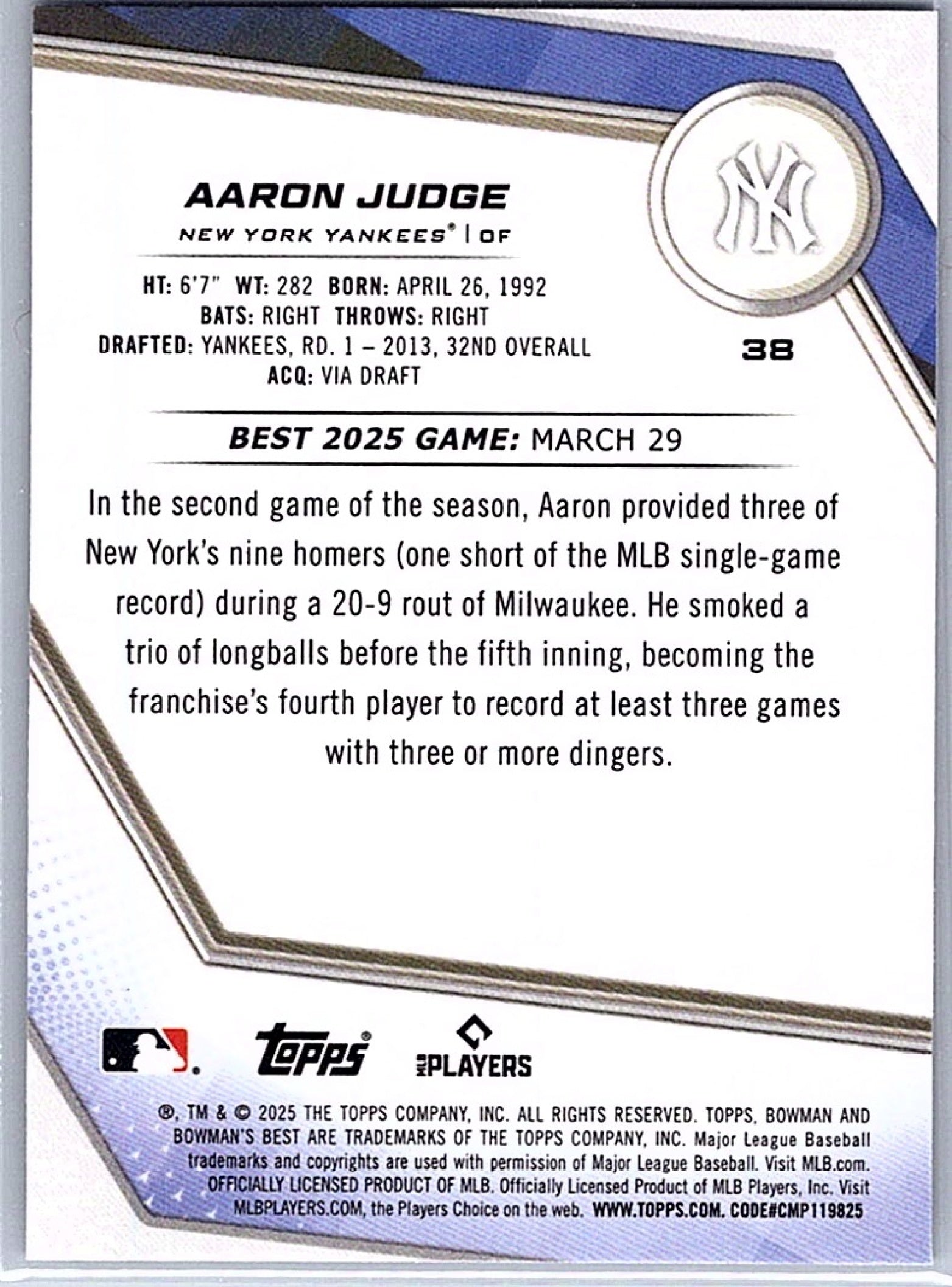 2025 Bowman's Best AARON JUDGE #38 Purple Mojo Refractor /250 Yankees