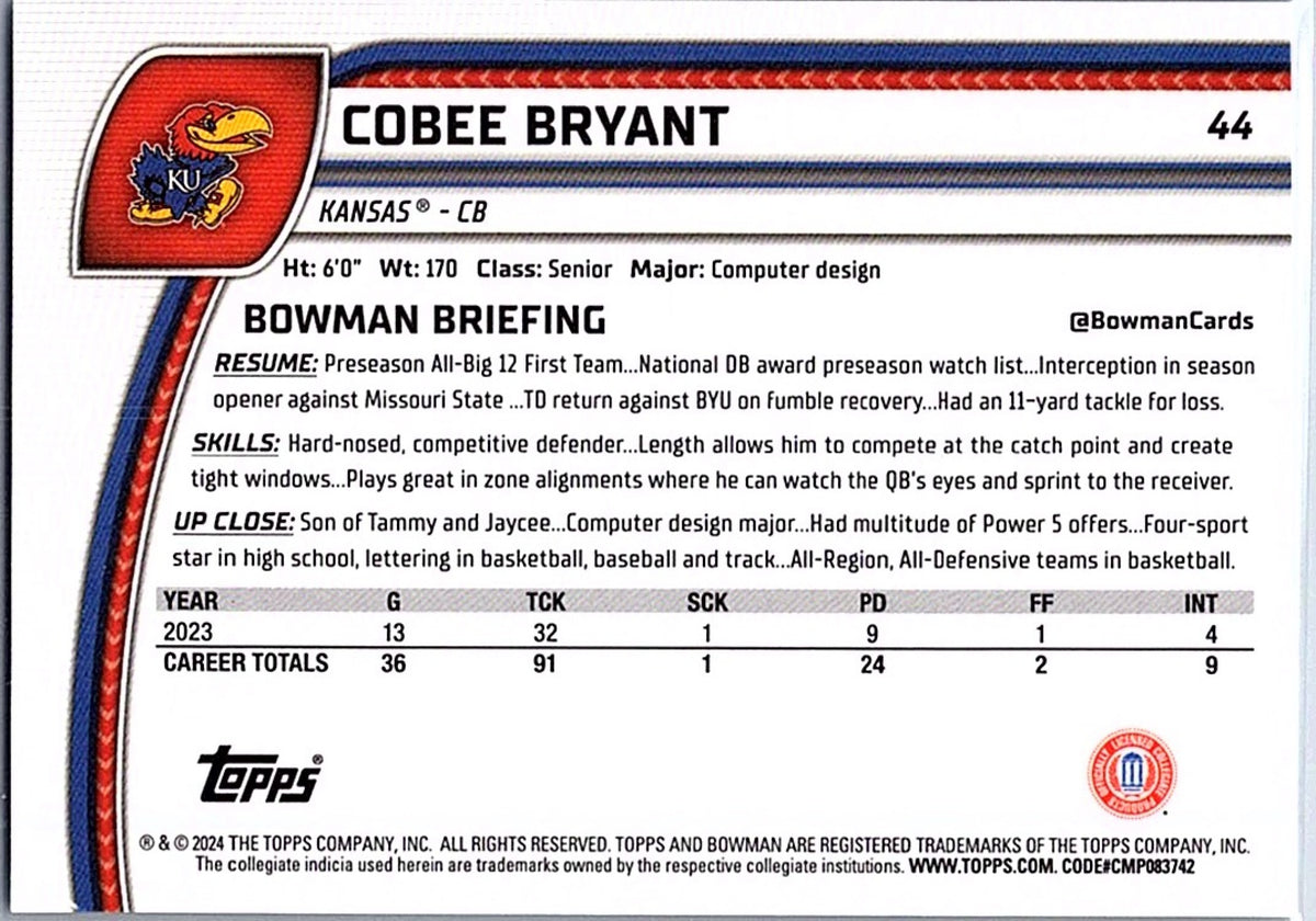 2024 Bowman Chrome University Cobee Bryant #44 Purple Mini Diamond Ref /375