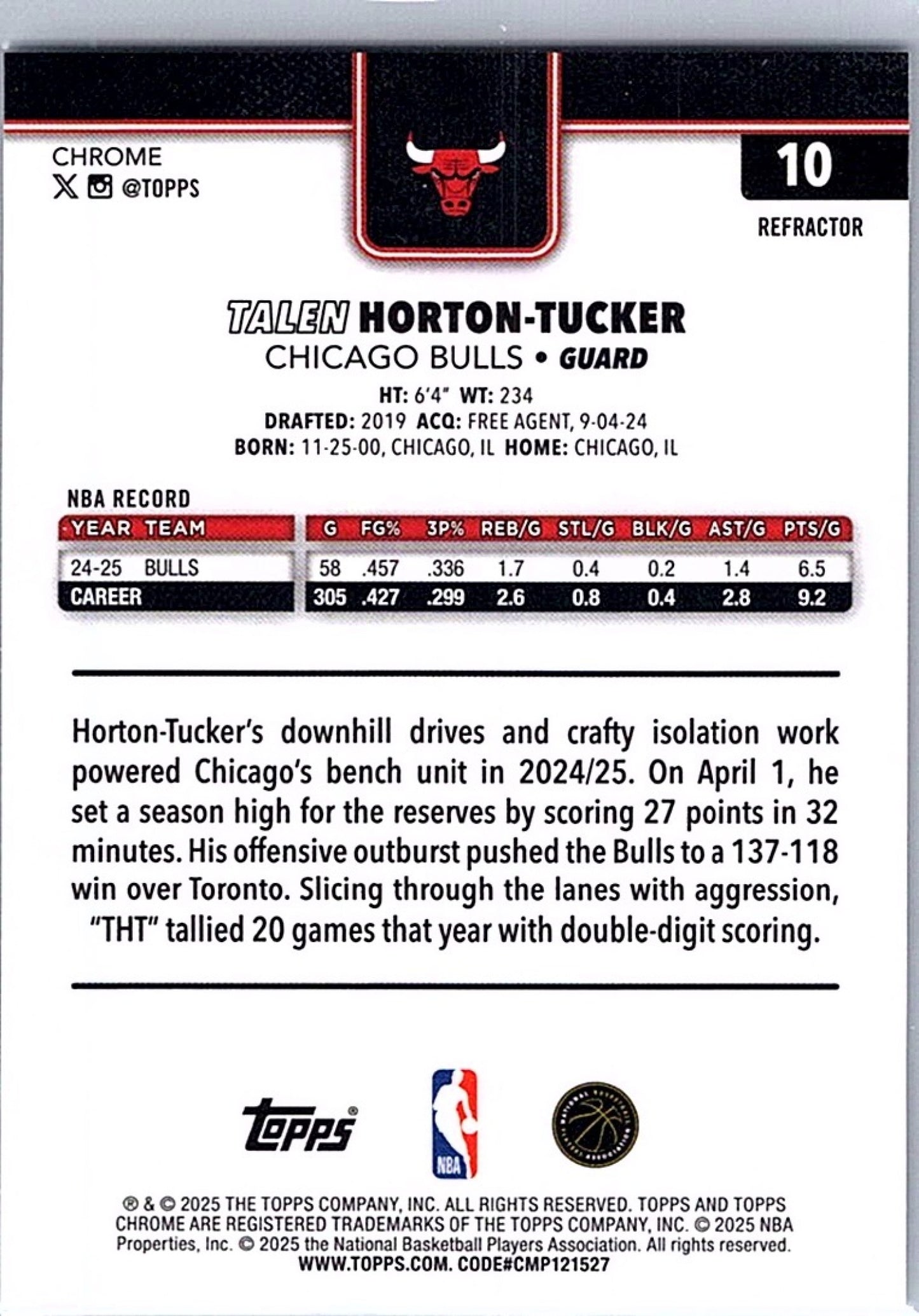 2025-26 Topps Chrome TALEN HORTON-TUCKER #10 Refractor Bulls