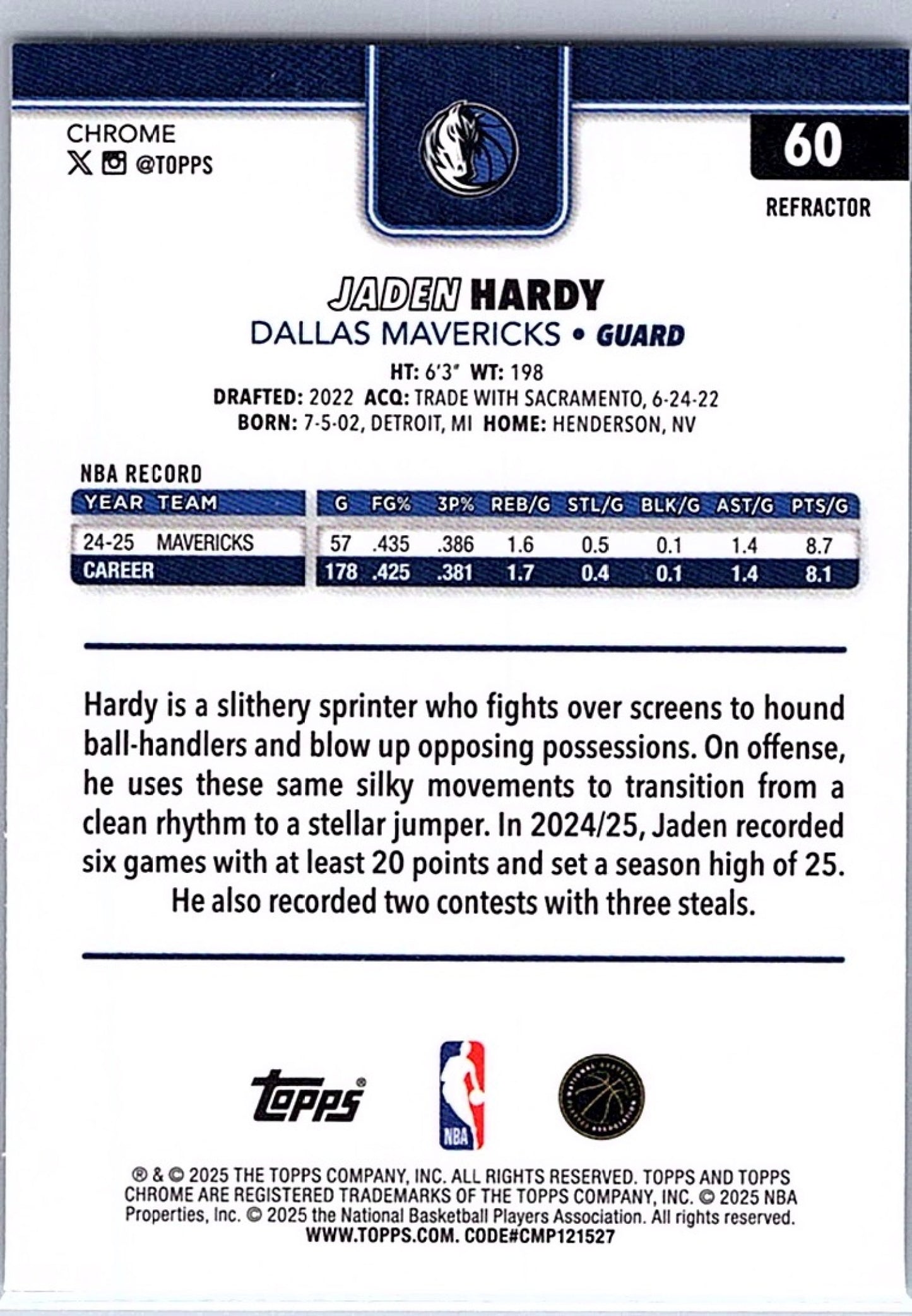 2025-26 Topps Chrome JADEN HARDY #60 Refractor Mavericks