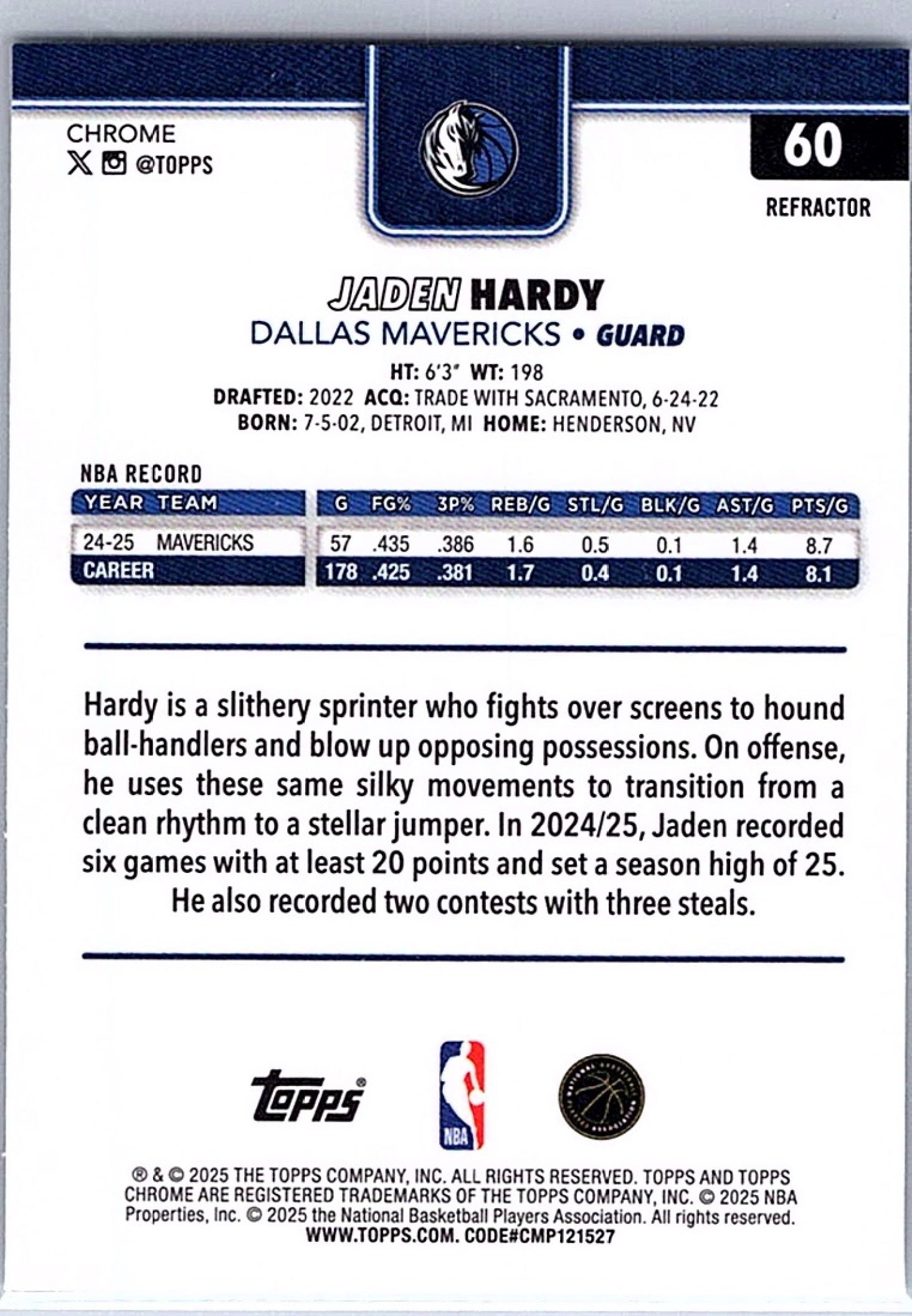 2025-26 Topps Chrome JADEN HARDY #60 Refractor Mavericks