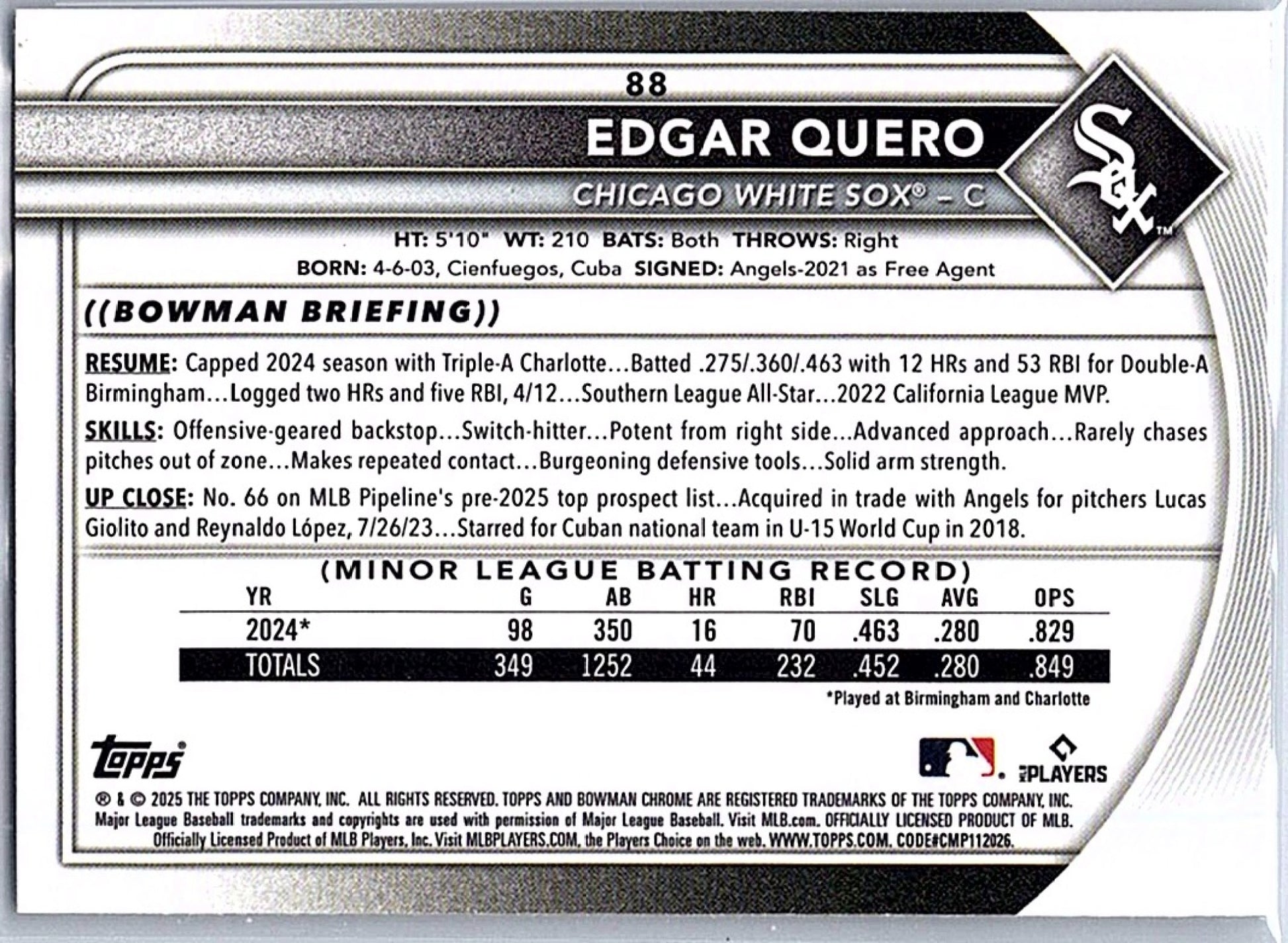 2025 Bowman Chrome EDGAR QUERO #88 RC White Sox