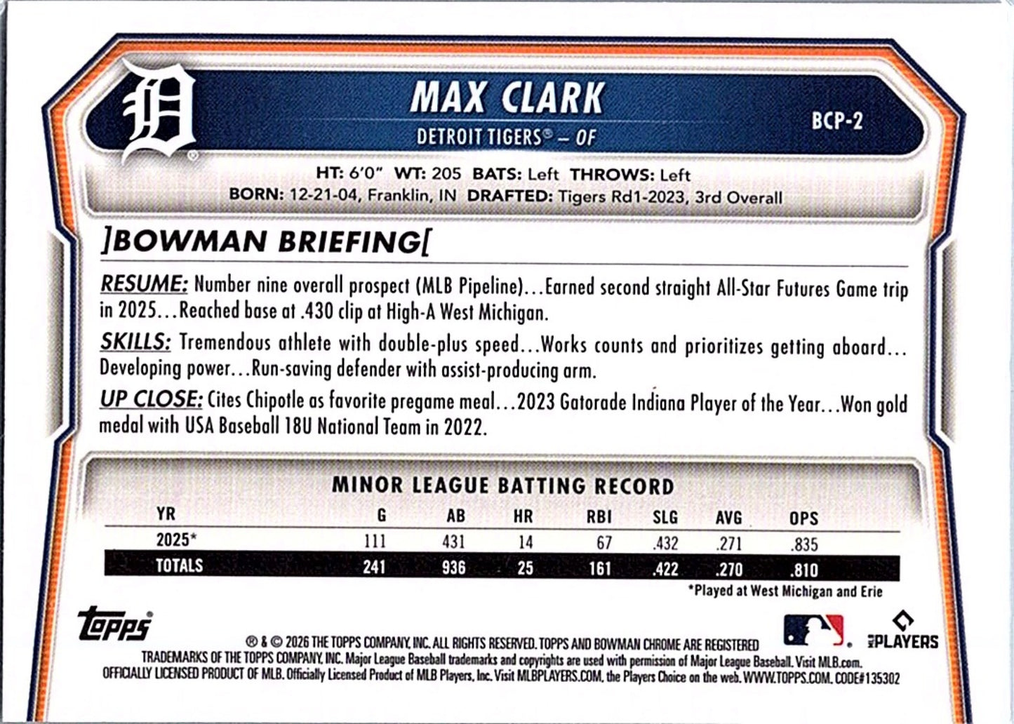 2026 Bowman Max Clark Prospect Rookie RC Baseball Card #BP-2 Detroit Tigers