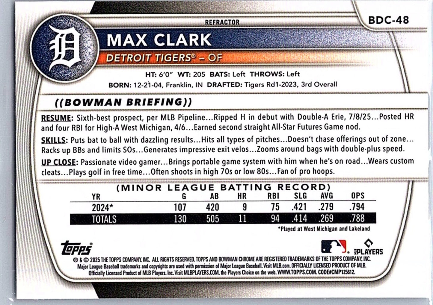 2025 Bowman Draft MAX CLARK #BDC-48 Refractor Tigers