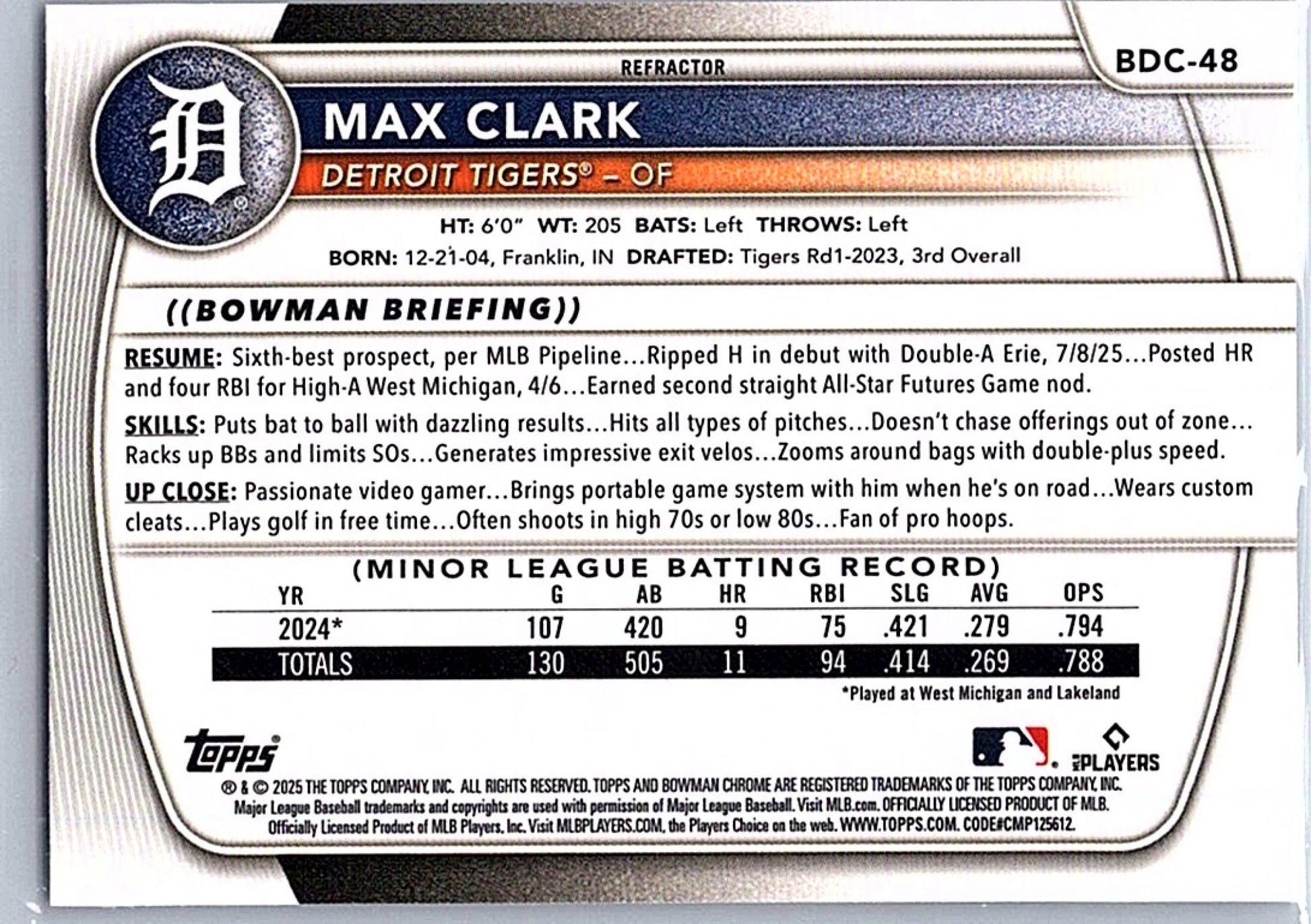 2025 Bowman Draft MAX CLARK #BDC-48 Refractor Tigers