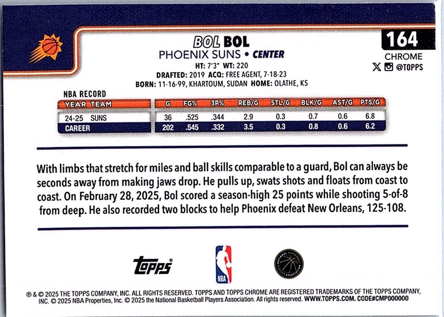 2025-26 Topps Chrome BOL #164 Prism Refractor Suns