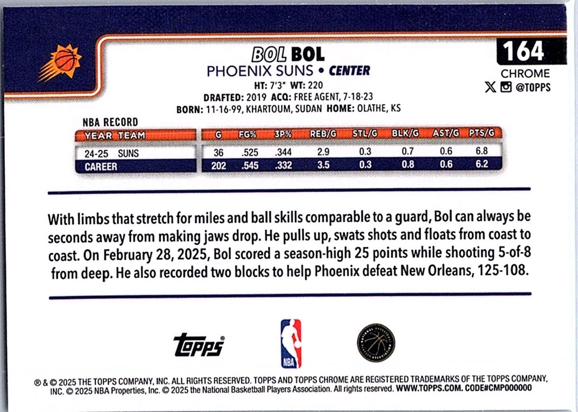 2025-26 Topps Chrome BOL #164 Prism Refractor Suns