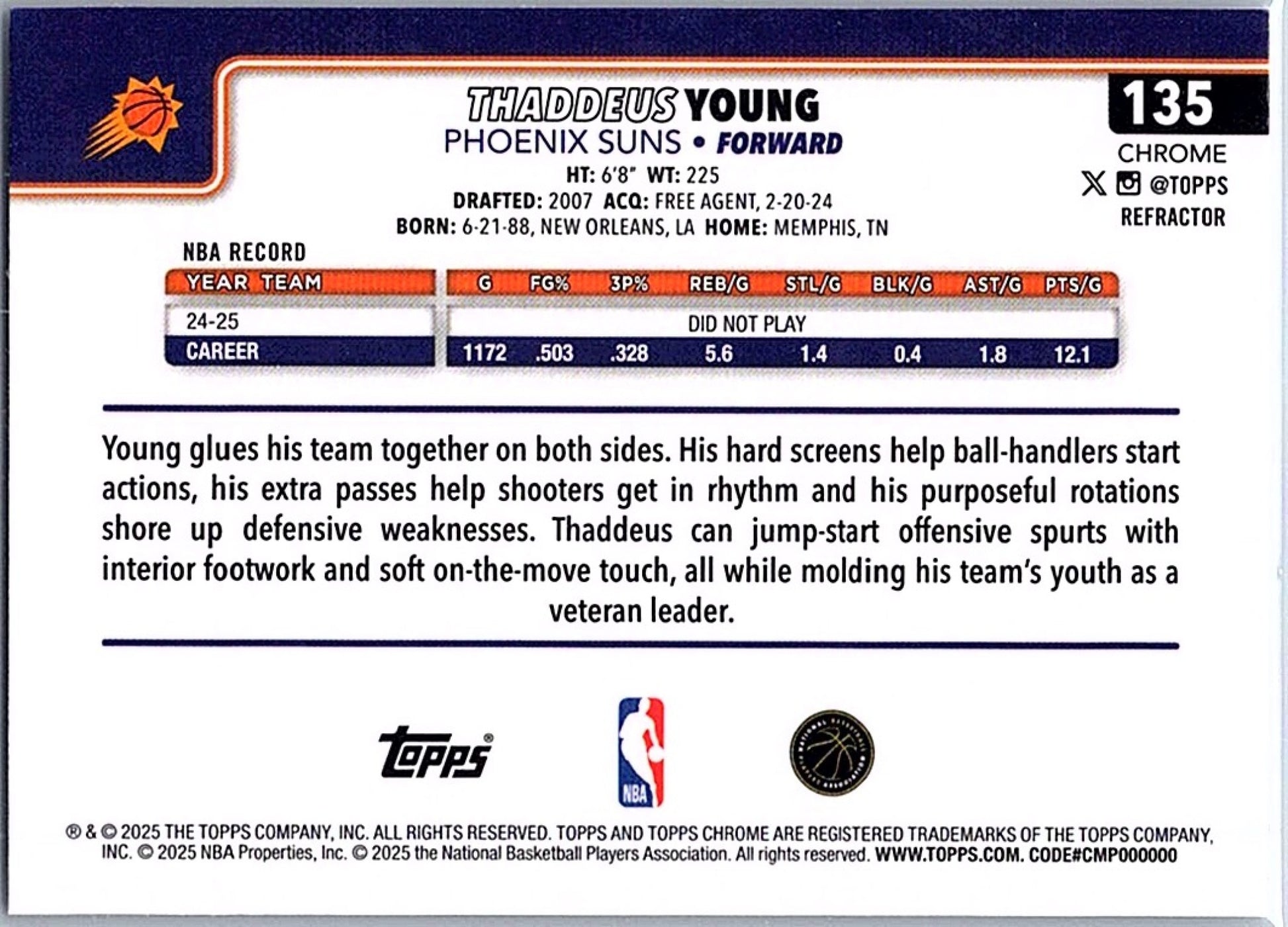 2025-26 Topps Chrome THADDEUS YOUNG #135 Refractor Suns