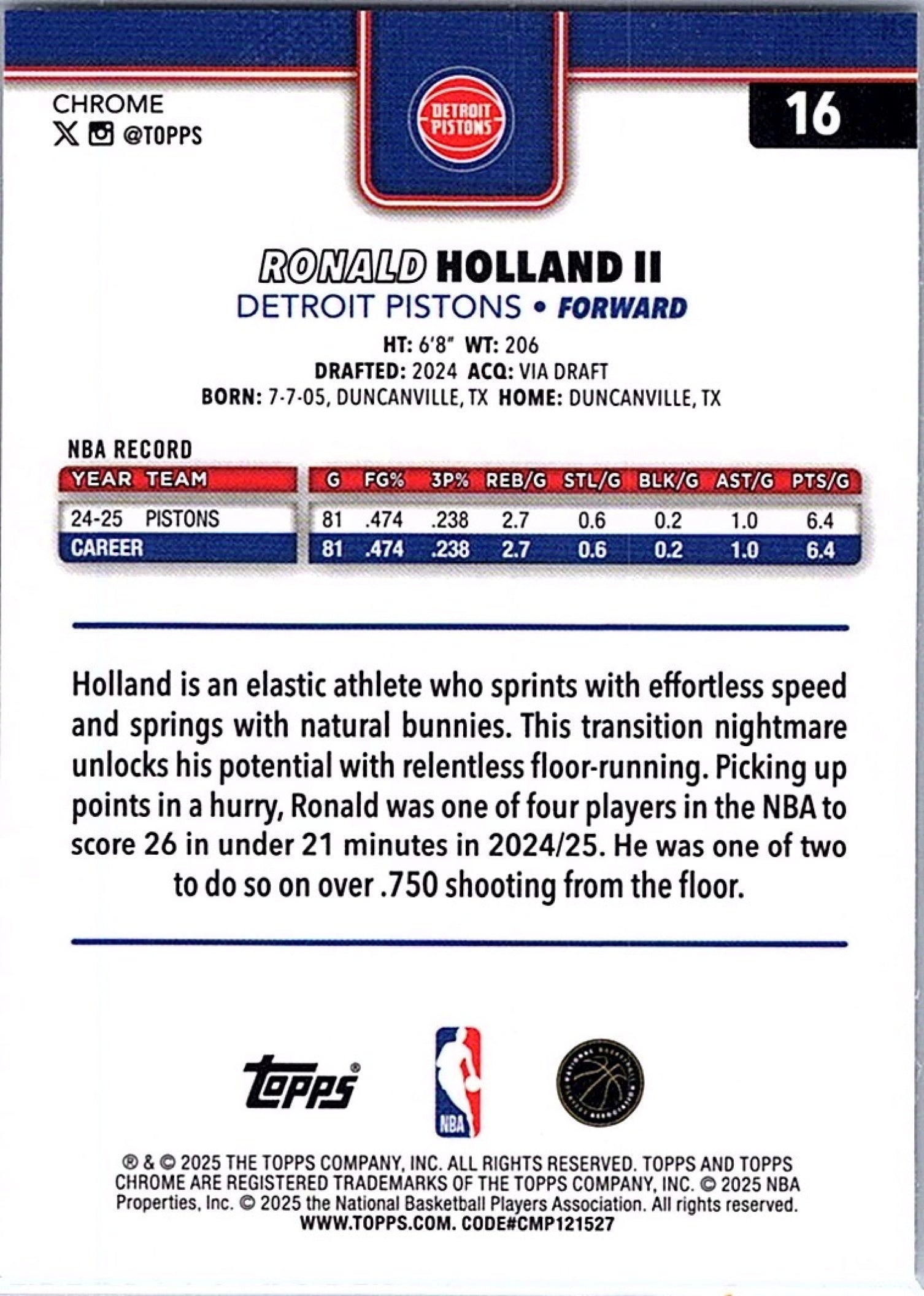 2025-26 Topps Chrome RON HOLLAND II #16 RayWave Refractor Pistons