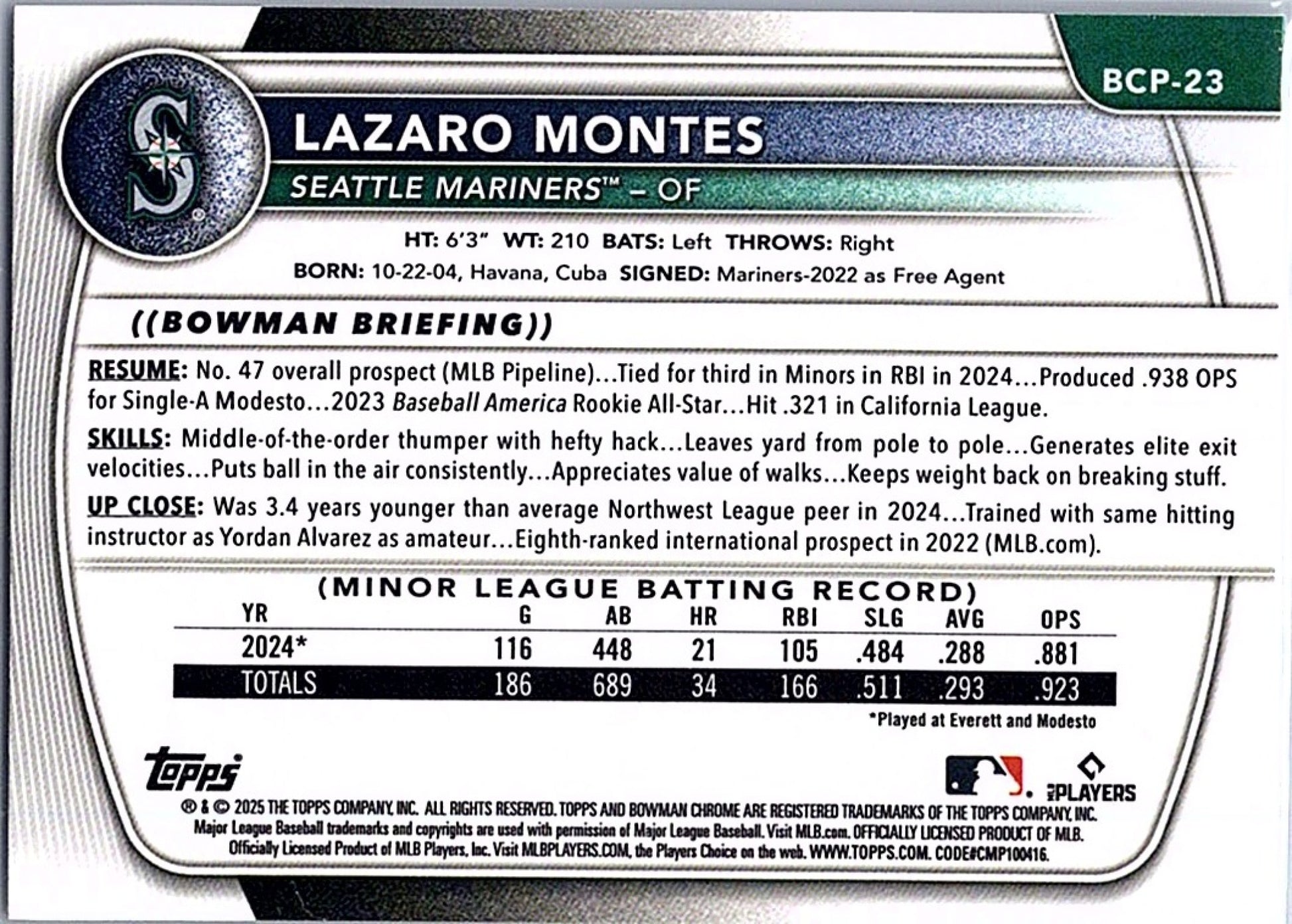 2025 Bowman LAZARO MONTES #BCP-23 Mariners