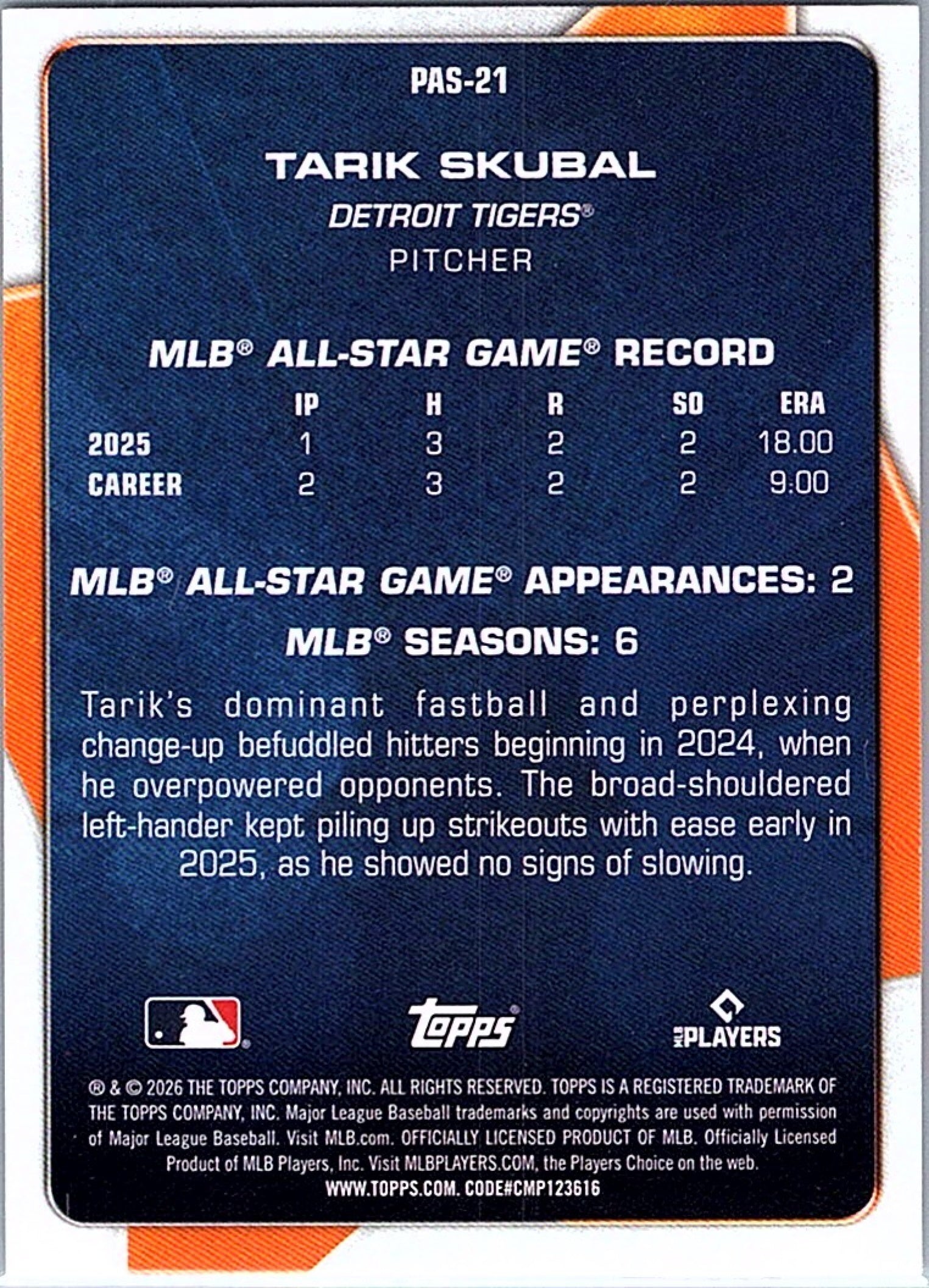 2026 Topps Series 1 TARIK SKUBAL #PAS-21 Tigers