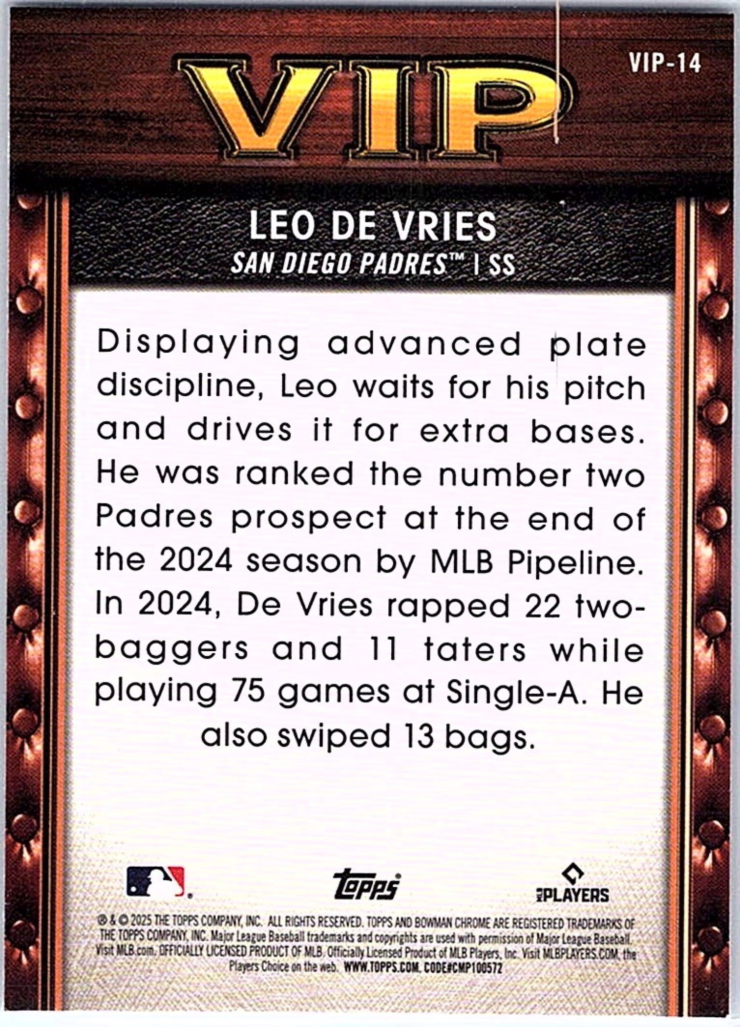 2025 Bowman LEO DE VRIES #VIP-14 Padres