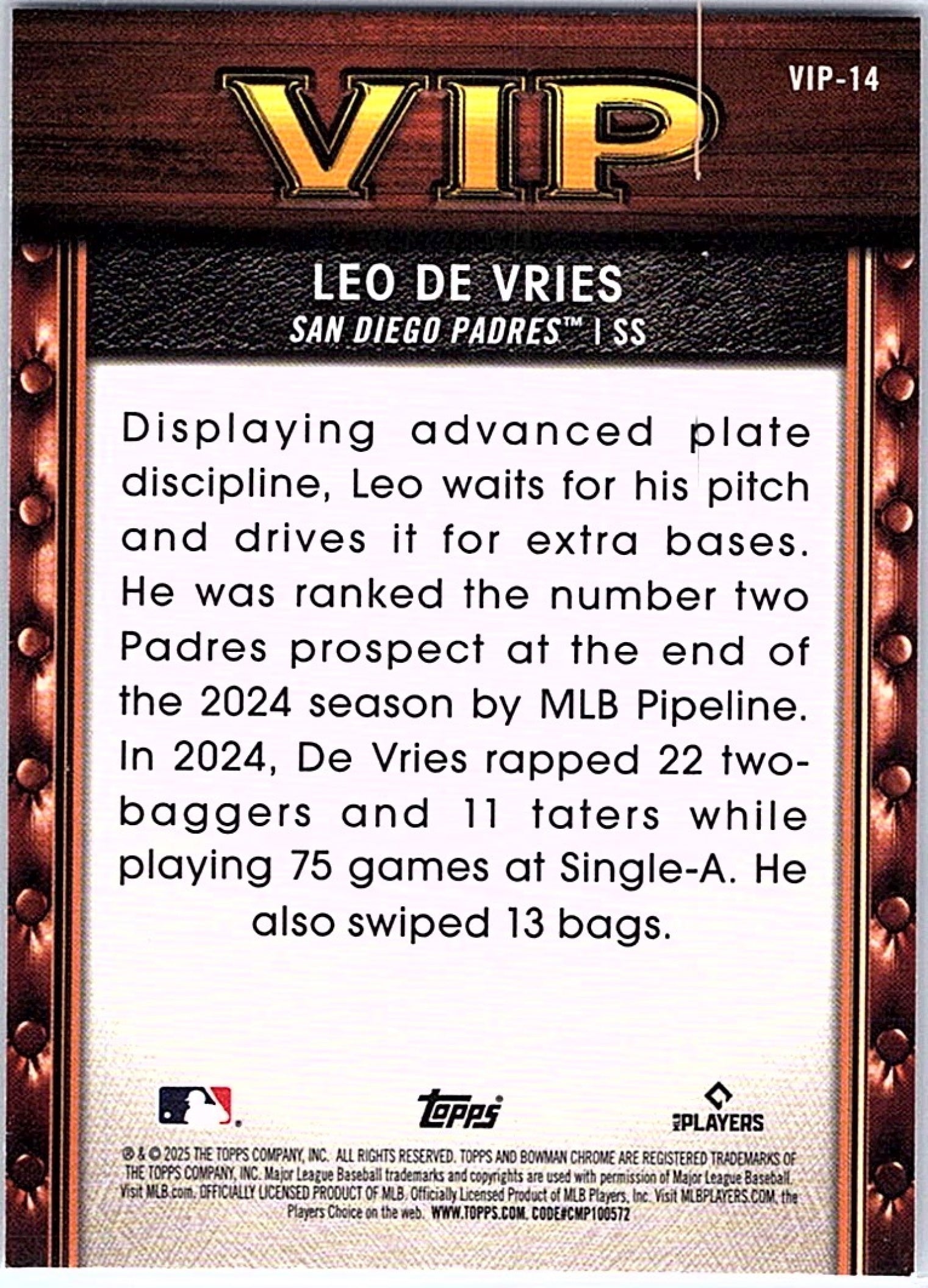 2025 Bowman LEO DE VRIES #VIP-14 Padres