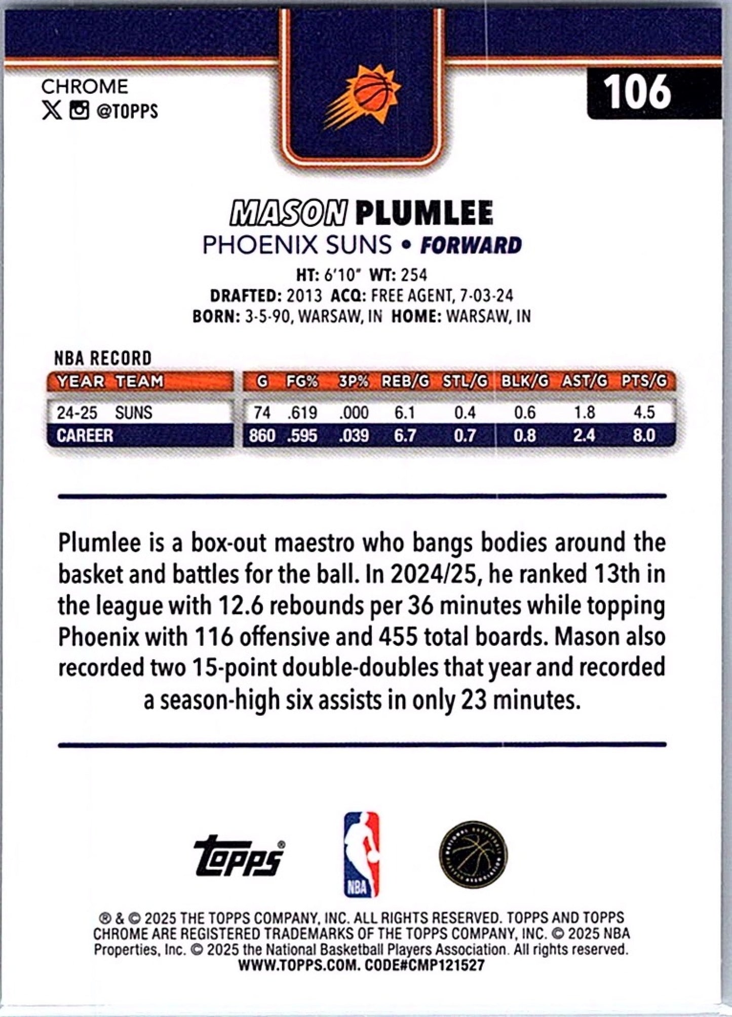2025-26 Topps Chrome MASON PLUMLEE #106 Prism Refractor Suns