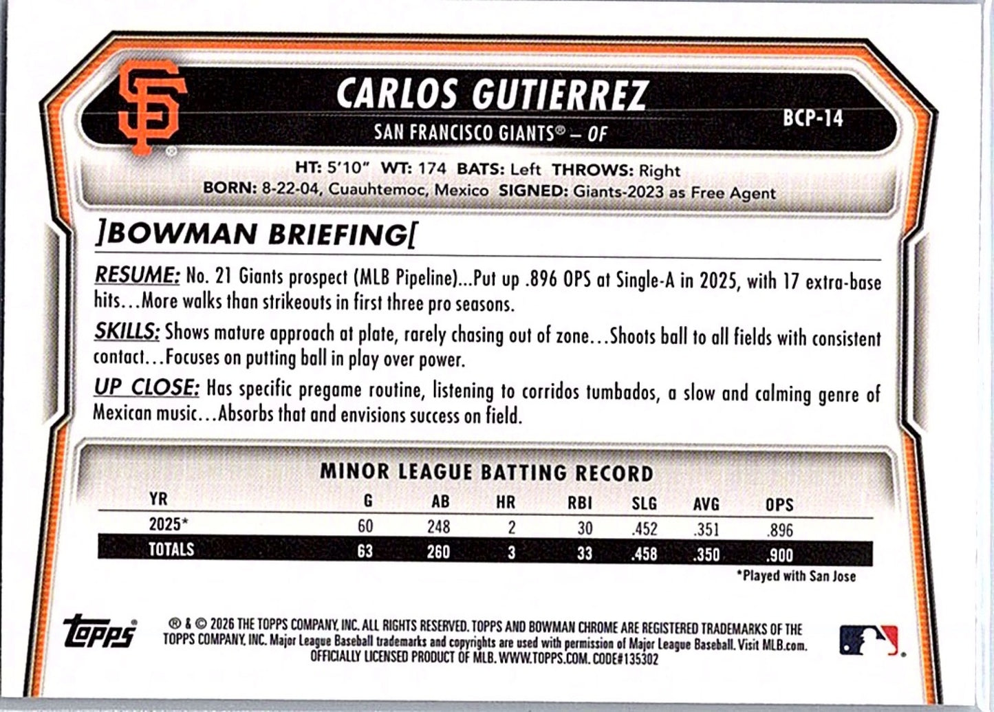 2026 Bowman CARLOS GUTIERREZ #BCP-14 1st Prospect Giants Baseball RC Card