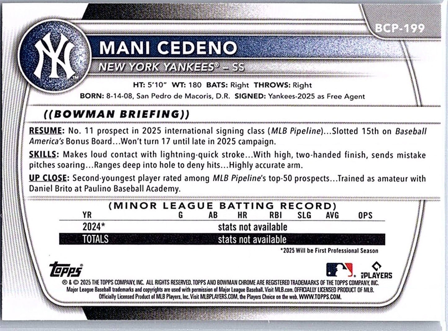 2025 BOWMAN CHROME MEGA BOX MANI CEDENO #BCP-199 MOJO REFRACTOR 1ST PROSPECT