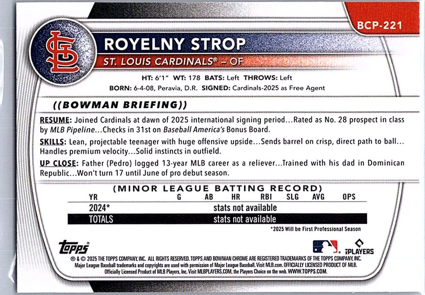 2025 Bowman Chrome Mega -Royelny Strop Mojo Refractor 1st Bowman # BCP-221 RC