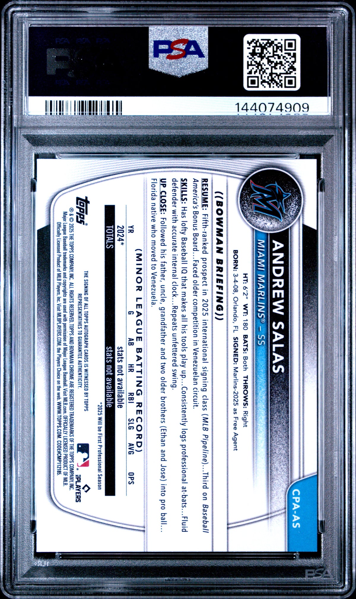 2025 Bowman Chrome Prospect Autographs Andrew Salas #CPAAS Marlins