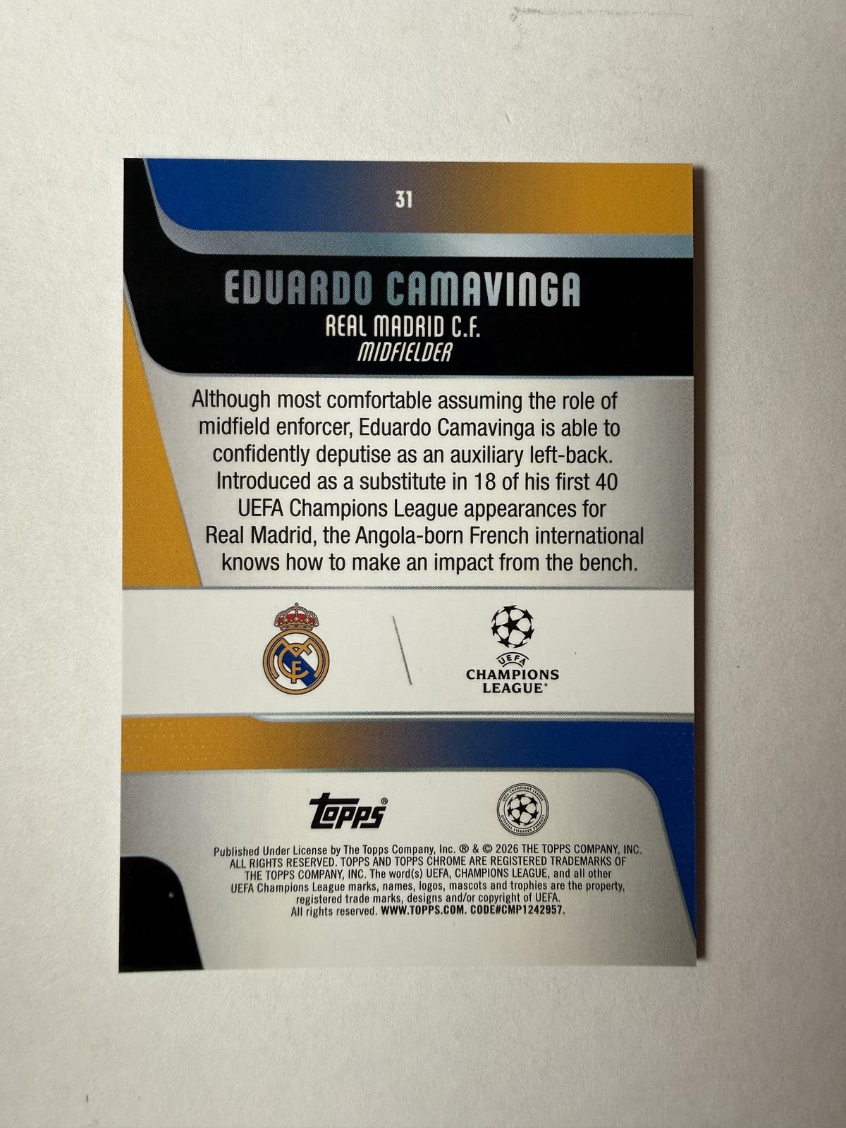 2025-26 Topps Chrome UEFA Club Eduardo Camavinga #31 Blue Mini-Diamonds /150