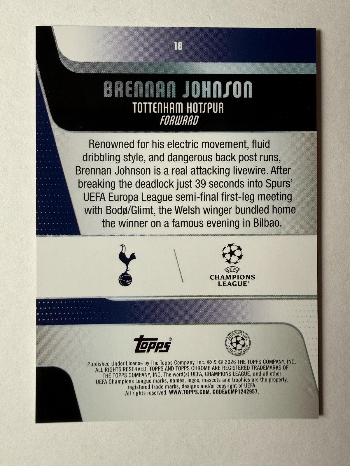 2025-26 Topps Chrome UEFA Club Brennan Johnson #18 Pink Mini-Diamonds  /250