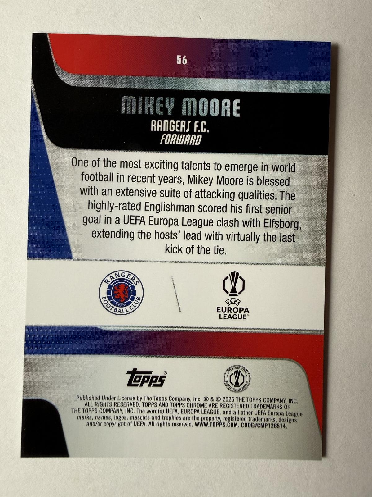 2025-26 Topps Chrome UEFA Club  Mikey Moore #56 Purple Lava Refractor /75